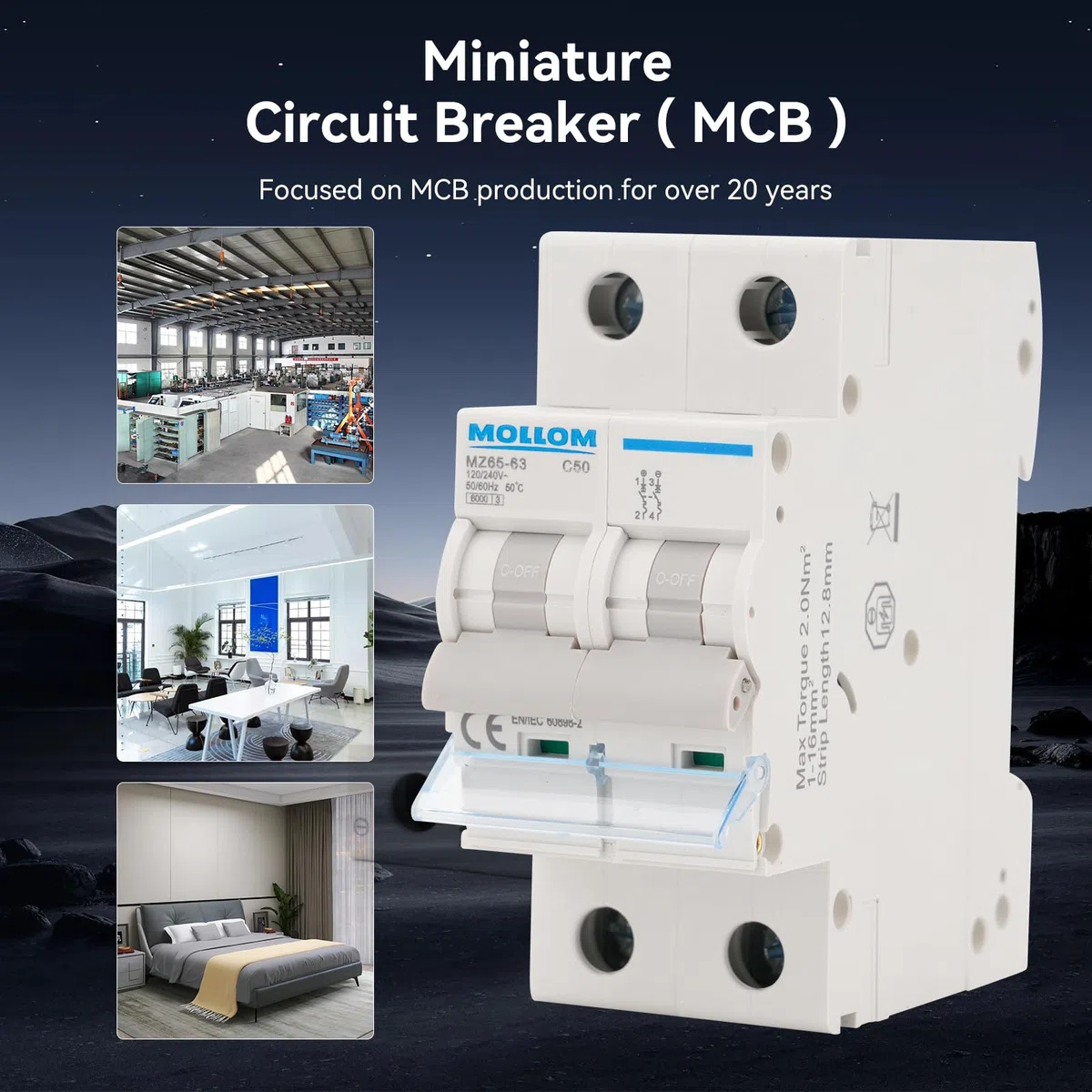 MOLLOM AC 2P Interruttore automatico miniaturo,110V-240V 25A,nterruttore termomagnetico MCB personalizzato con visualizzazione della scena,capacità di interruzione 6KA per sistema AC solare