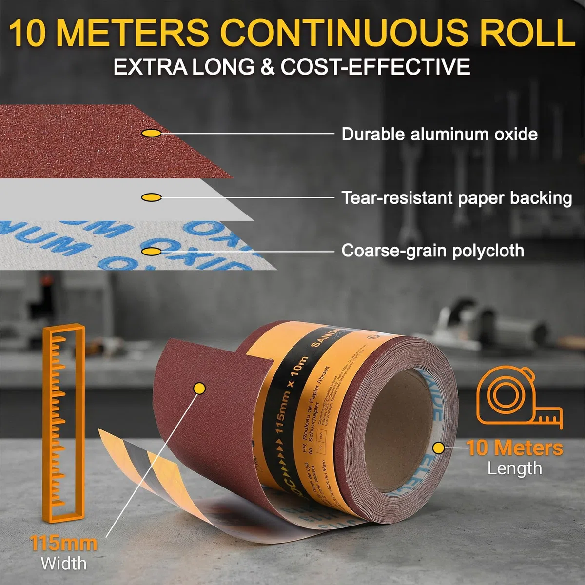 Rotolo di Carta Abrasiva Grana 180, 115 mm x 10 m Rotoli di Vetrata per Macinazione per Legno Metallo