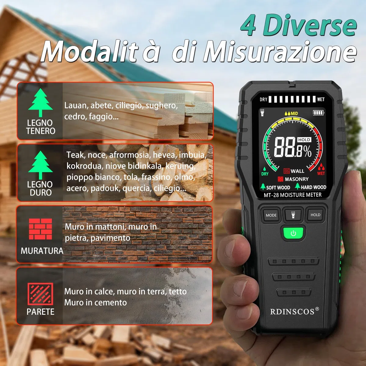 RDINSCOS Misuratore di Umidità per Pareti Misurazione Non Distruttiva Misuratore di Umidità del Legno con Display LCD Rilevatore di Umidità per Pareti, Legno, Caravan, Tetto, Pavimento