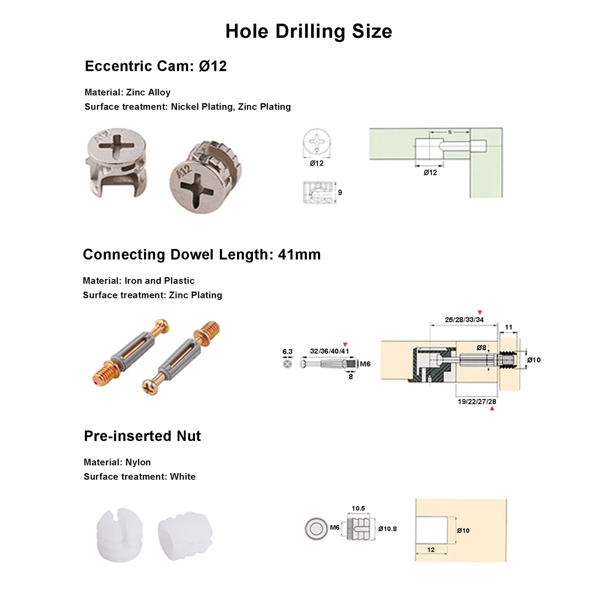 Connettore Eccentrico Raccordi a Camme Ø11,8mm con Tasselli M6x41mm e Dadi Pre-inseriti M6 per il Collegamento del Pannello del Mobiletto Mobili Grigio (Set da 100)
