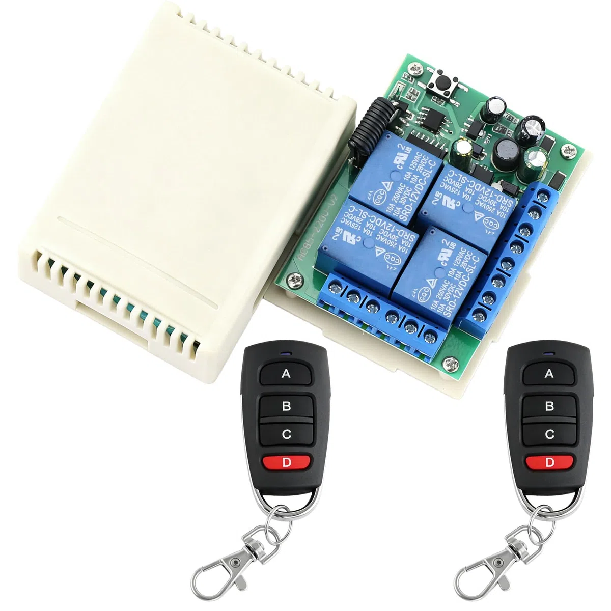 Interruttore radiocomandato, 220 V, 10 A, 433.92 MHZ, 4 canali, ricevitore RF relè con 2 trasmettitori, codice di apprendimento RF radiocomandato, telecomando per luce, porta del garage