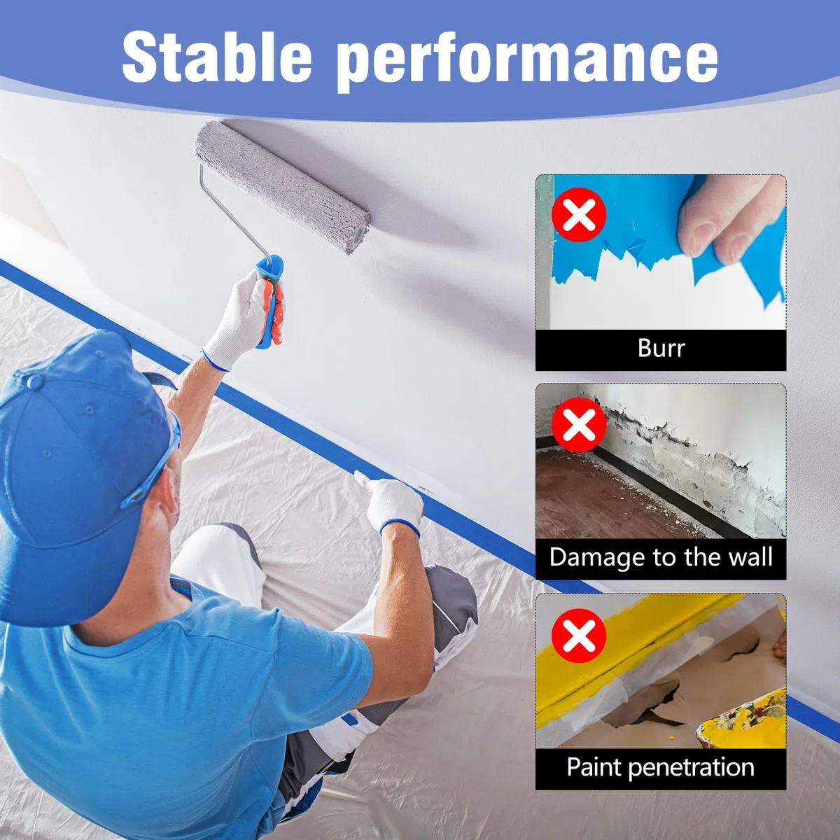 6 rotoli di nastro adesivo blu, 48 mm x 50 m, nastro coprente per mascheratura, facile rimozione, carta crespa per pittura e decorazione, interni ed esterni