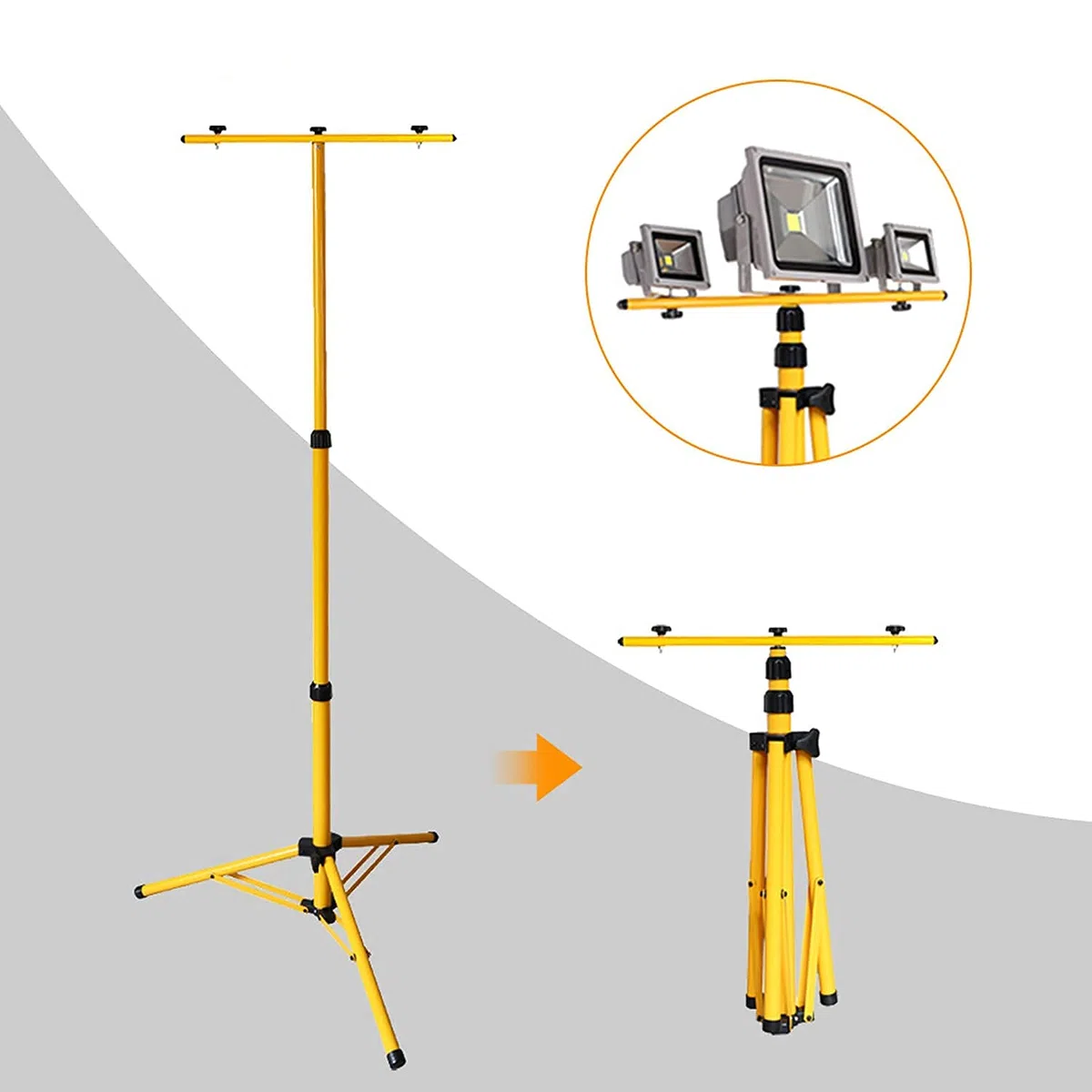 Treppiede per faretto proiettore da cantiere, telescopico, colore giallo, altezza regolabile, staffa per 2 o 3 faretti