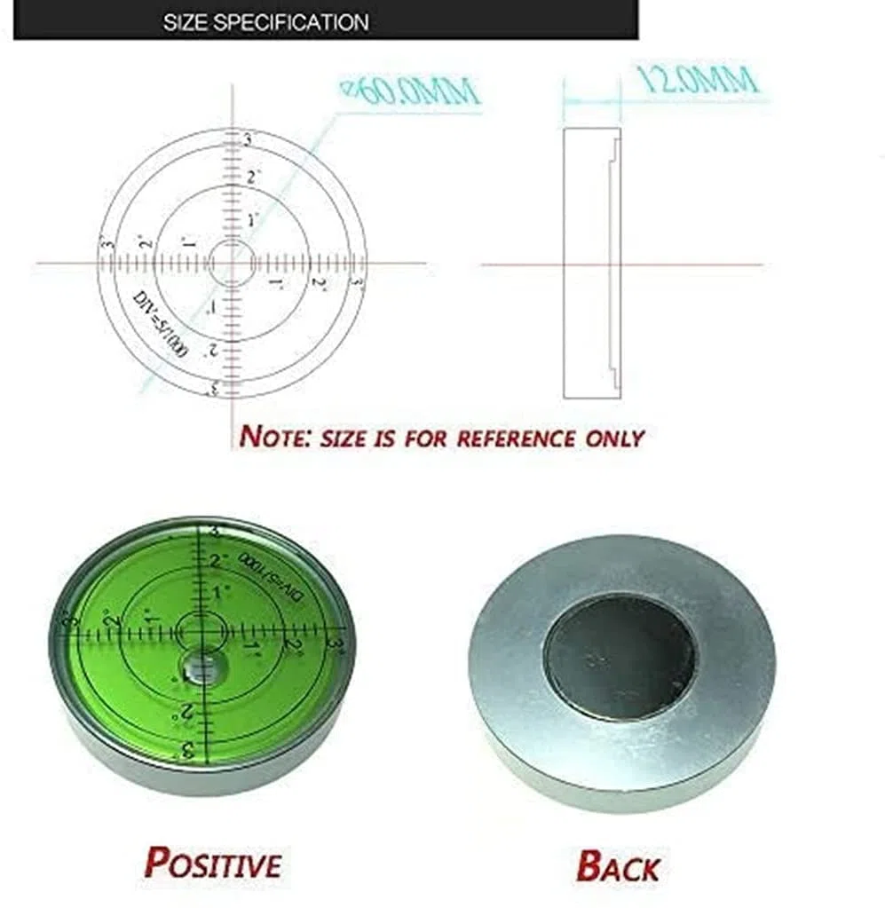 UMEI Inclinometri rotondi a bolla orizzontale ad alta precisione con magnete da 60 mm con cassa in alluminio a bolla Bullseye, livello di superficie, precisione 15'/2 (60 x 12 mm con magnete),