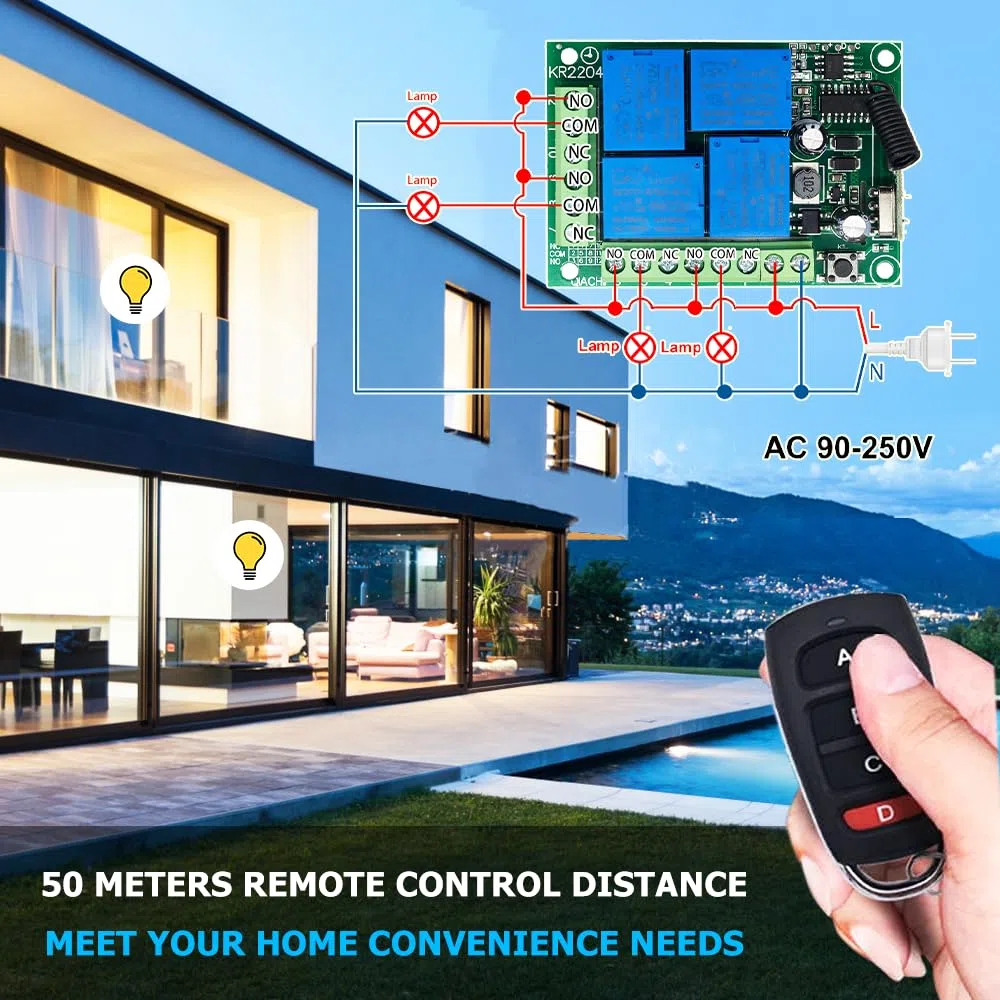 QIACHIP Interruttore di Telecomando remoto senza fili 4 canali 10A 433Mhz RF ricevitore relè con 2 trasmettitori AC 220V 230V per motore porta garage luce tenda elettrica