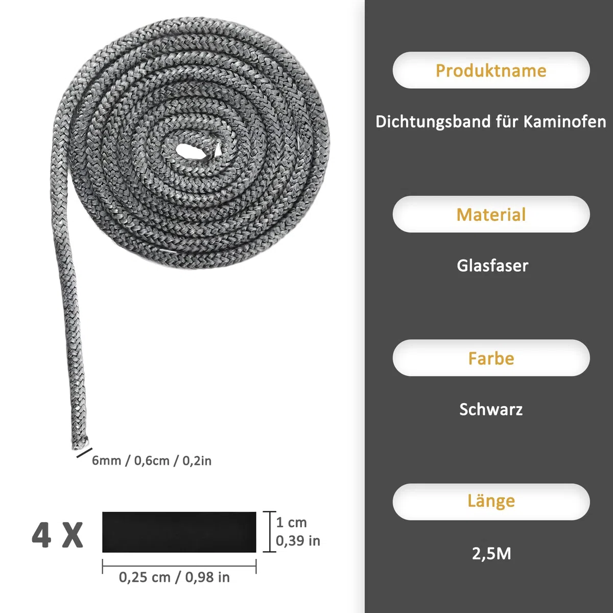 Guarnizione Stufa a Legna, Stufa a Legna in Fibra di Vetro, 6mm x 2,5m, con 4 Nastro per Giunti, Linea di Tenuta per Porte di Caminetti