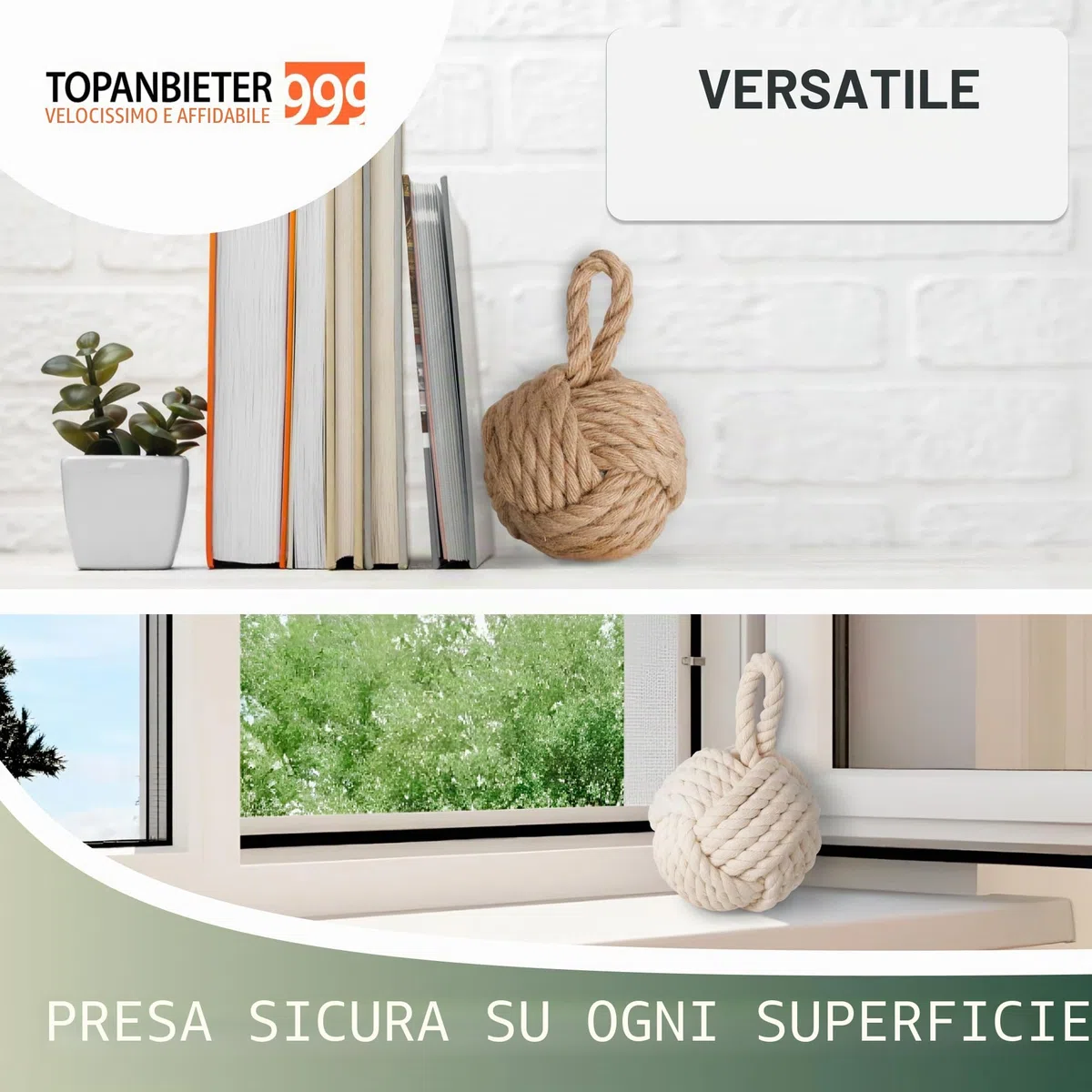 Set di 2 fermaporta decorativi in iuta naturale e bianco crema, fermaporta per porta, fermaporta a forma di nodo naturale, sfera con passante, circa 1,5 kg