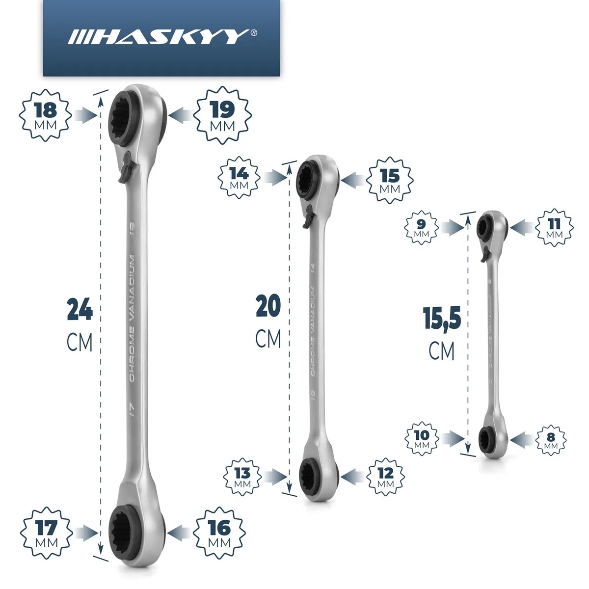 HASKYY - Set di chiavi a cricchetto a doppio anello, 3 pezzi, SW 8-19 mm in sacchetto di sistema I 8-10x9-11 I 12-13x14-15 I 16-17x18-19