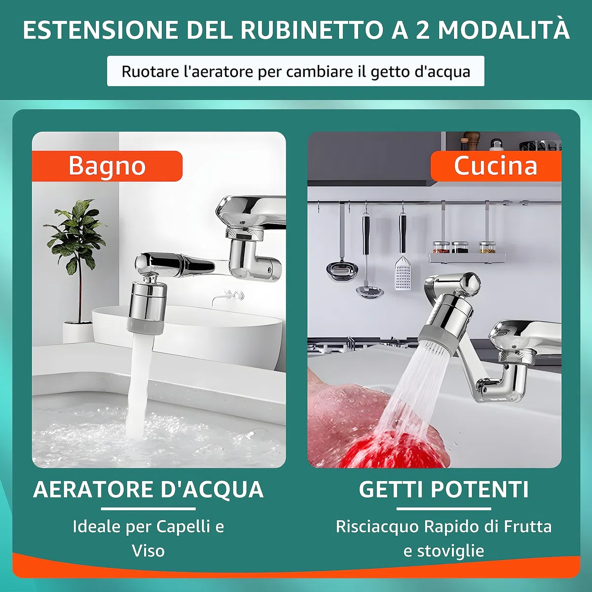 Rubinetto Rotante 1080 Gradi - Estensione Snodabile per Lavandino da Cucina e Bagno - Antispruzzo Rotante 1440° in Ottone - Aeratore Bagno 2 Modalità Acqua