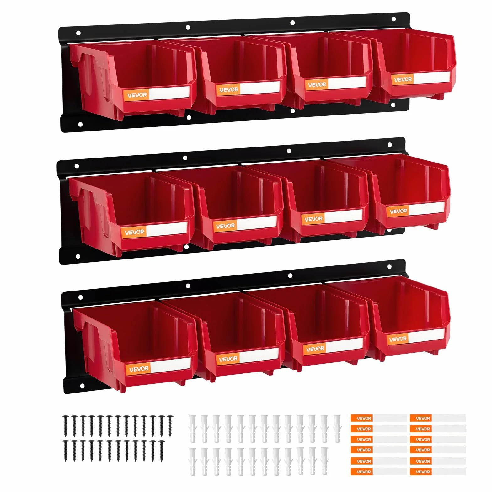VEVOR Contenitori Portaoggetti da Parete, 12 Contenitori in Plastica e 3 Guide in Metallo, Scatola Portaoggetti Impilabile Sospeso per Ferramenta per Officina, Stanza dei Lavori Manuali, Rosso