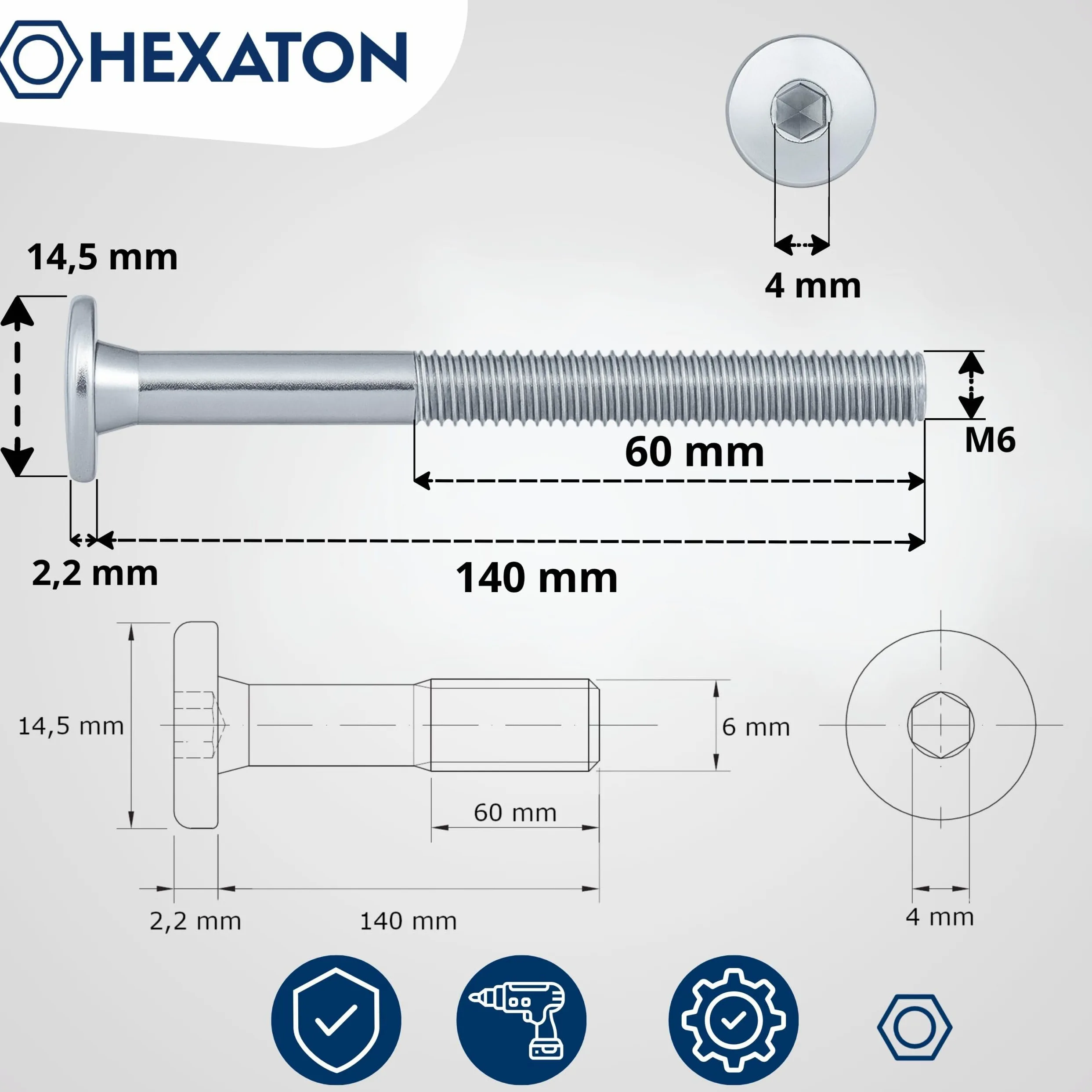 HEXATON Viti a Testa Piatta con Esagono Incassato - M6 x 140 mm - 50 Pezzi - Parzialmente filettato - Acciaio Zincato