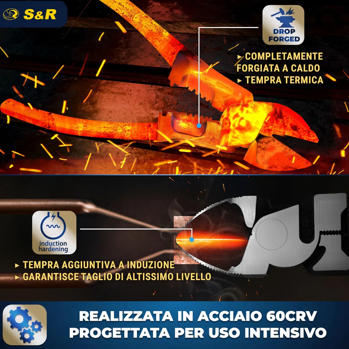 S&R Pinza Elettricista Diagonale Isolata 220 mm VDE 1000V – Pinza Taglio Laterale Combinata 3 in 1 con Spelatura e Crimpatura – Tronchesi per Cavi Professionale in Acciaio 60CrV