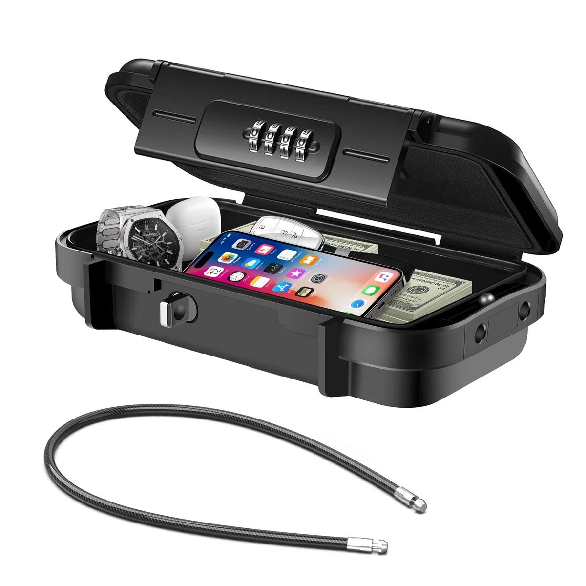 Cassaforte portatile con codice - Impermeabile e antifurto - Cassaforte da viaggio - Con cavo metallico rimovibile - Per la spiaggia, le auto, l'ufficio, le vacanze - Nero