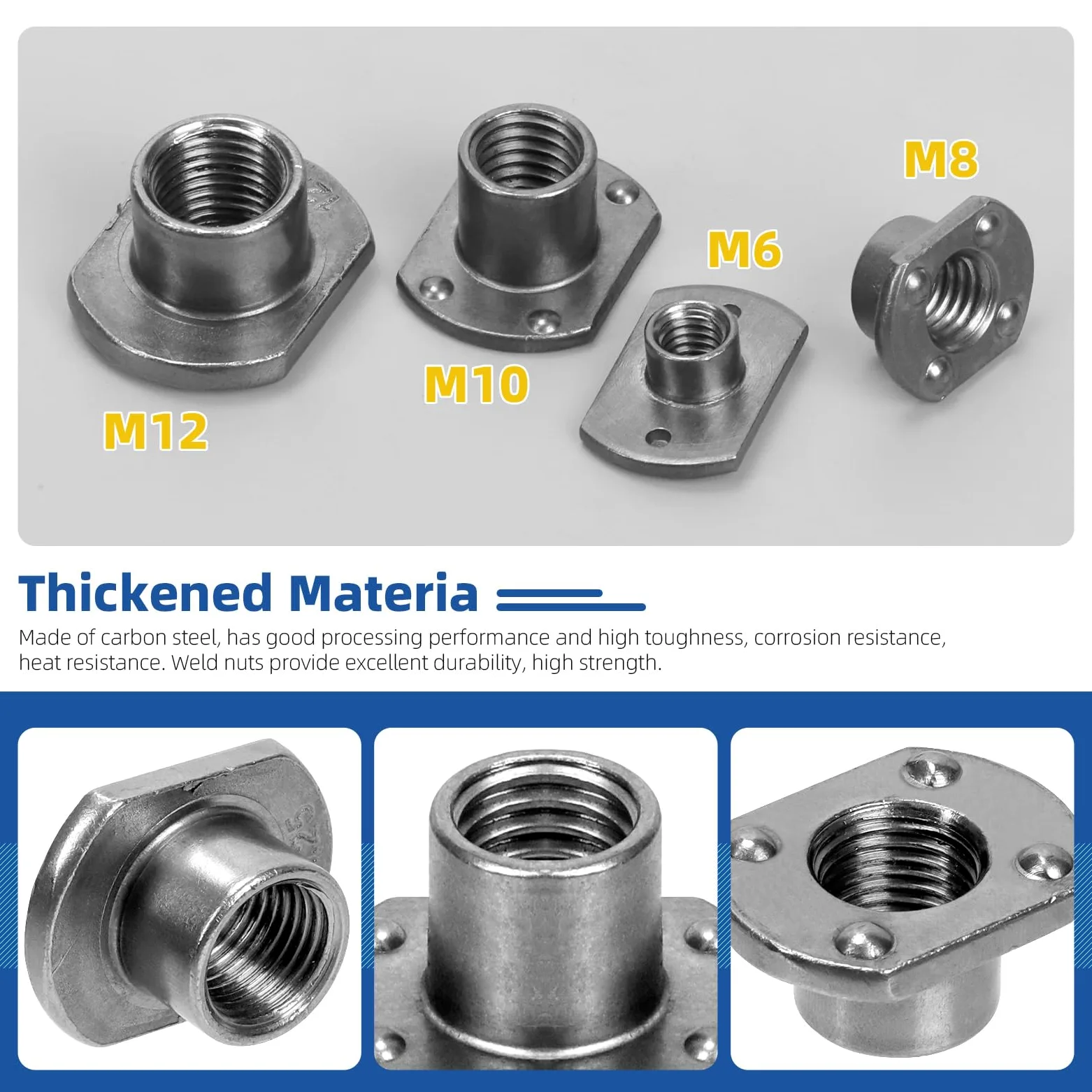 Glarks Set di 32 dadi per saldatura, M6, M8, M10, M12, base a linguetta, UNC, in acciaio al carbonio, viti a T, 2 proiezioni, 4 proiezioni, per mobili, veicoli, macchine per l'industria delle ruote