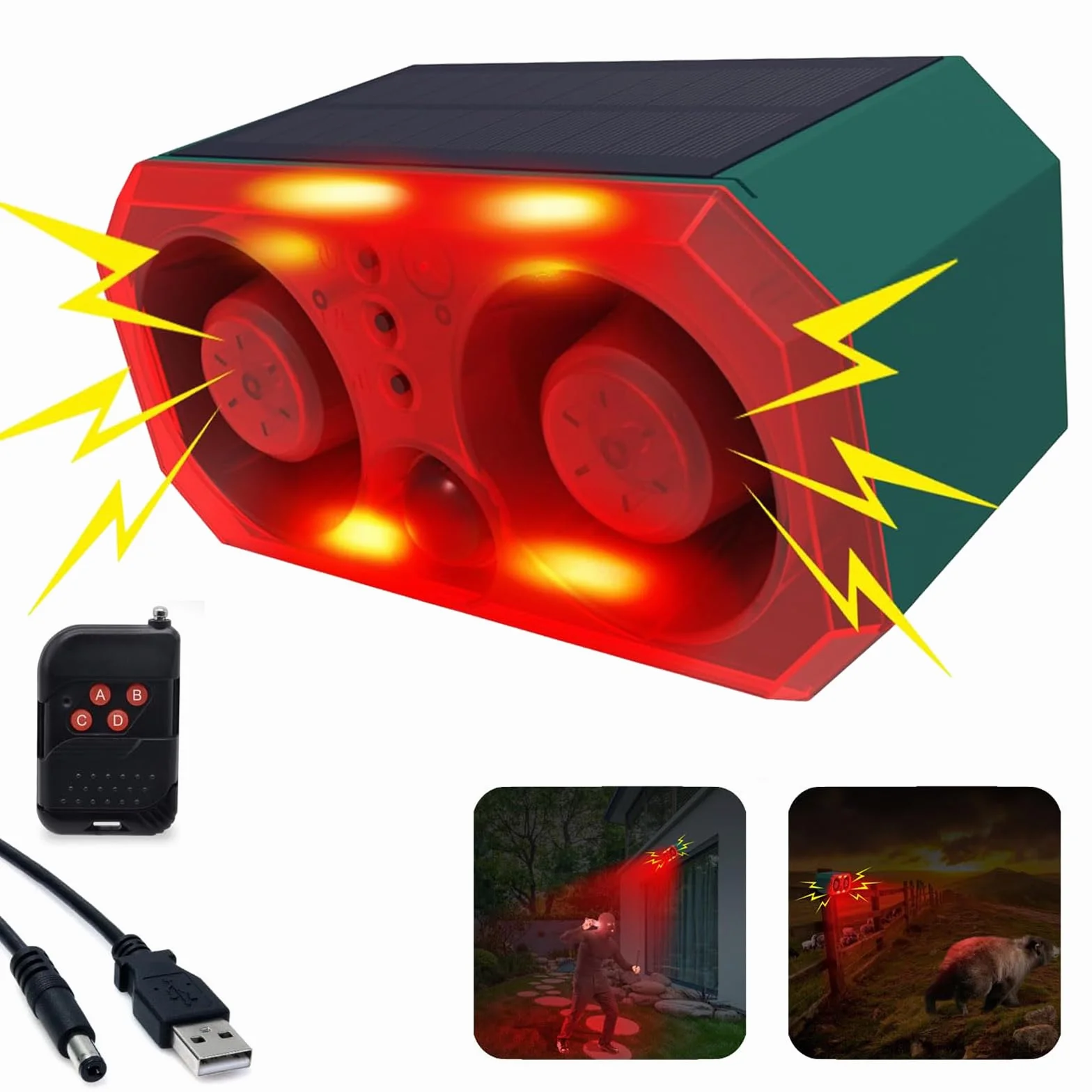 Sirena a energia solare per sensori di movimento da esterno, 130dB x 2 altoparlanti, 13 modalità sonore integrate Cani che abbaiano e spari , con telecomando per cortile, fattoria,