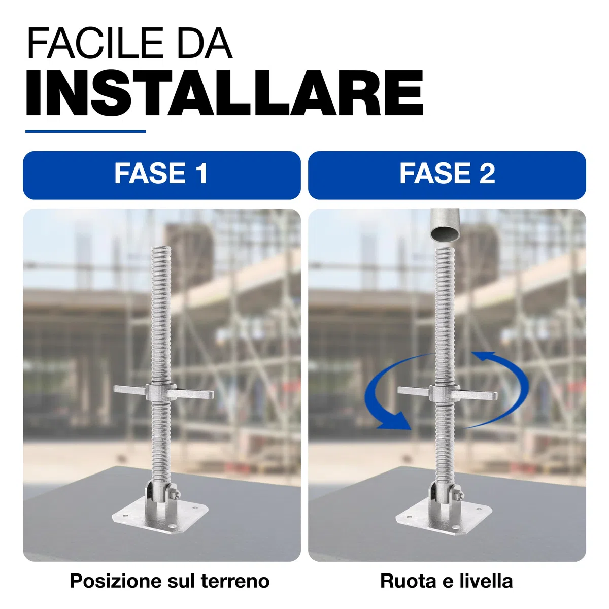 GeZu Impex Martinetto a Vite Girevole per Ponteggi 38 x 500 mm Zincato Elettricamente Regolabile in Altezza Vite di Livellamento per Base