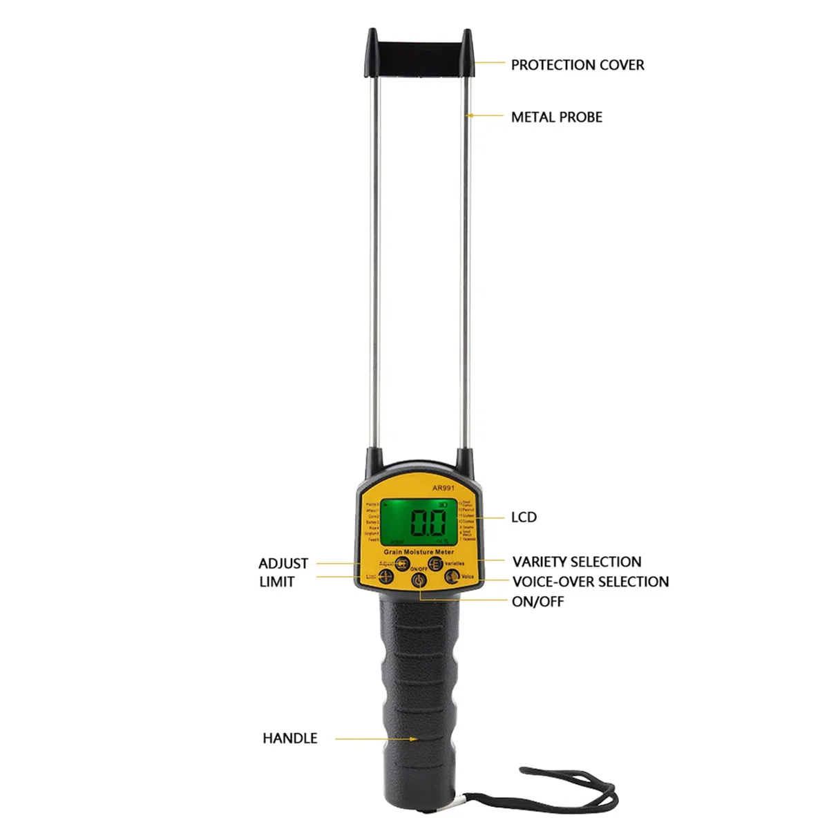 Misuratore di Umidità Digitale LCD Portatile con Sensore Intelligente e Sonda in Acciaio a Doppia Punta per Cereali e Fieno