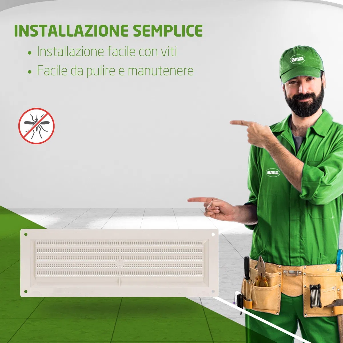 Amig - Set di 6 griglie di ventilazione rettangolari in plastica con zanzariera - Ideali per cucina e bagno - 260x90 mm - Bianco