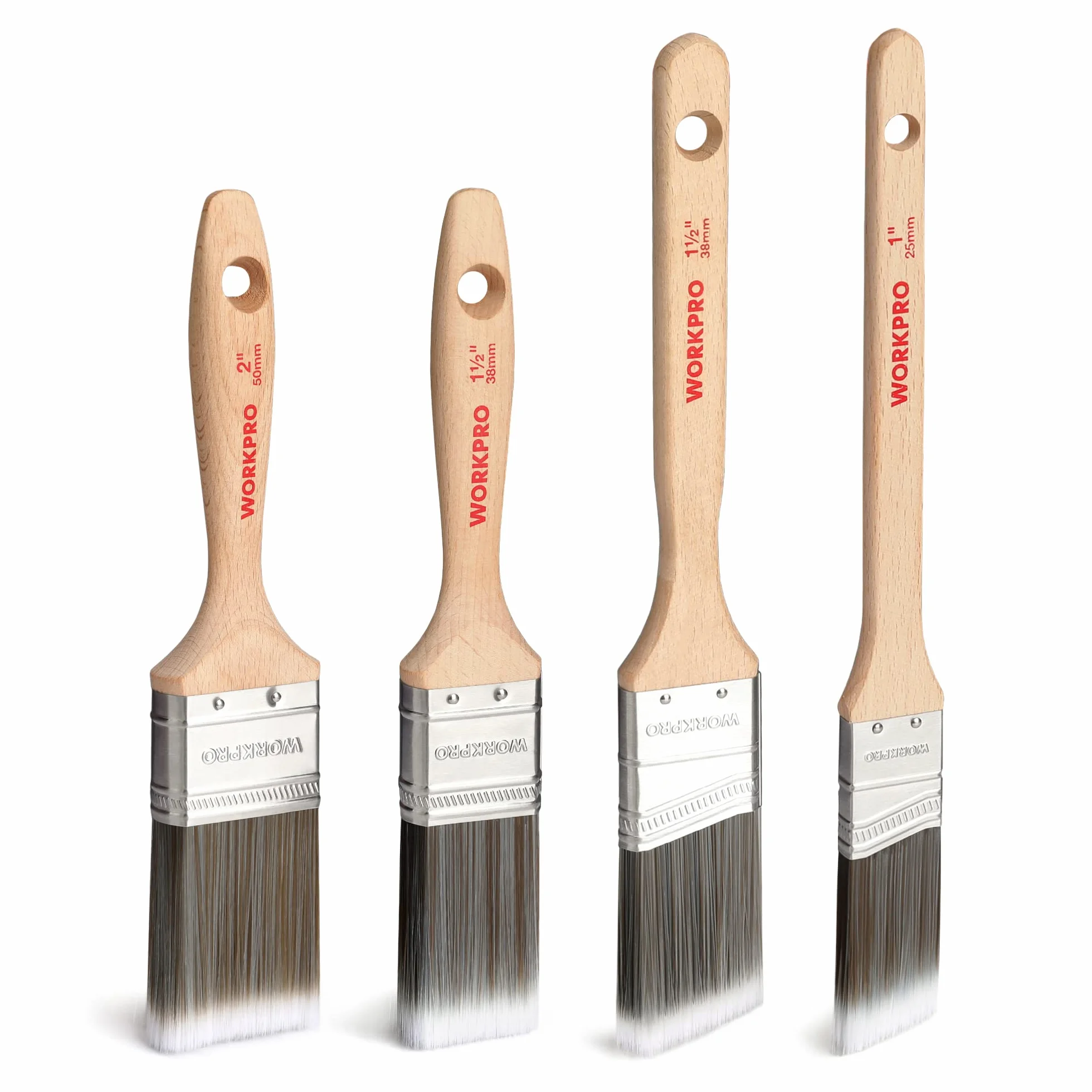 WORKPRO Set di 4 Pennelli per Pittura Professionali con Manico in Legno Resistente, 100% Certificato FSC, 2 Pennelli Piatti 25mm/38mm, 2 Pennelli Angolari 25mm/38mm, Nessuna Perdita di Capelli