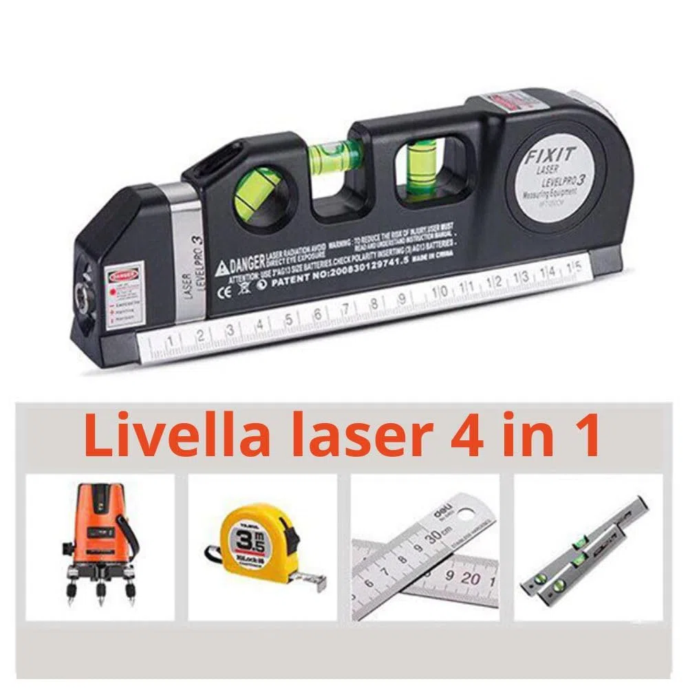 Livella laser 4 in 1 con metro a nastro, multifunzionale, laser livellante multifunzionale, lazer orizzontale verticale e trasversale, livello a bolla con righello, batterie incluse