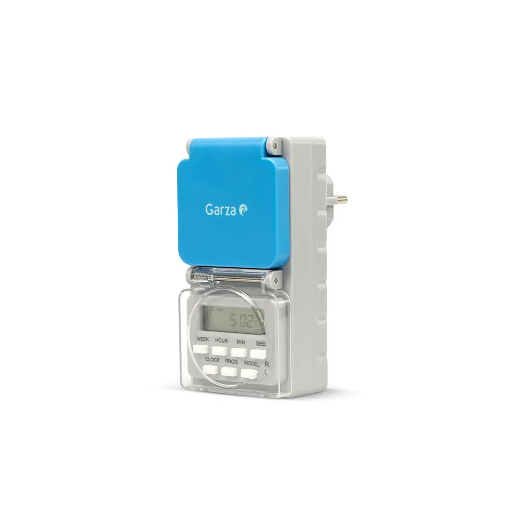 Garza - Spina digitale da esterno IP44 impermeabile, timer settimanale 24/7, 8 programmi ON/OFF, modalità casuale, protezione bambini, display LCD, 3680W 16A, Type F