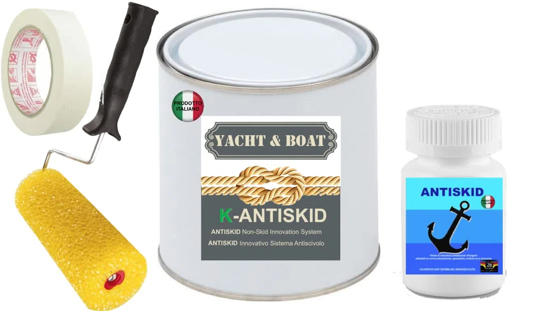 Smalto NAUTICO ACRILICO BICOMPONENTE SATIN ANTISCIVOLO ANTISDRUCIOLO ANTISKID KIT PRONTO ALL'USO SPECIALE PONTI E COPERTE (Kg 1,5 (1+0,2Cat+0,3Perline), RAL9010 BIANCO)