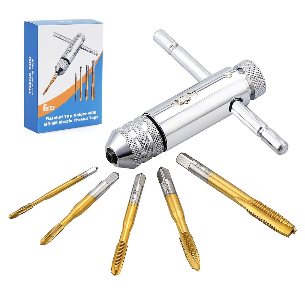 Giramaschi a Cricchetto Set includere 5 Pezzi Maschi per Filettare Titanio Rivestito in HSS M3 M4 M5 M6 M8 und Giramaschi Regolabile a Cricchetto a T