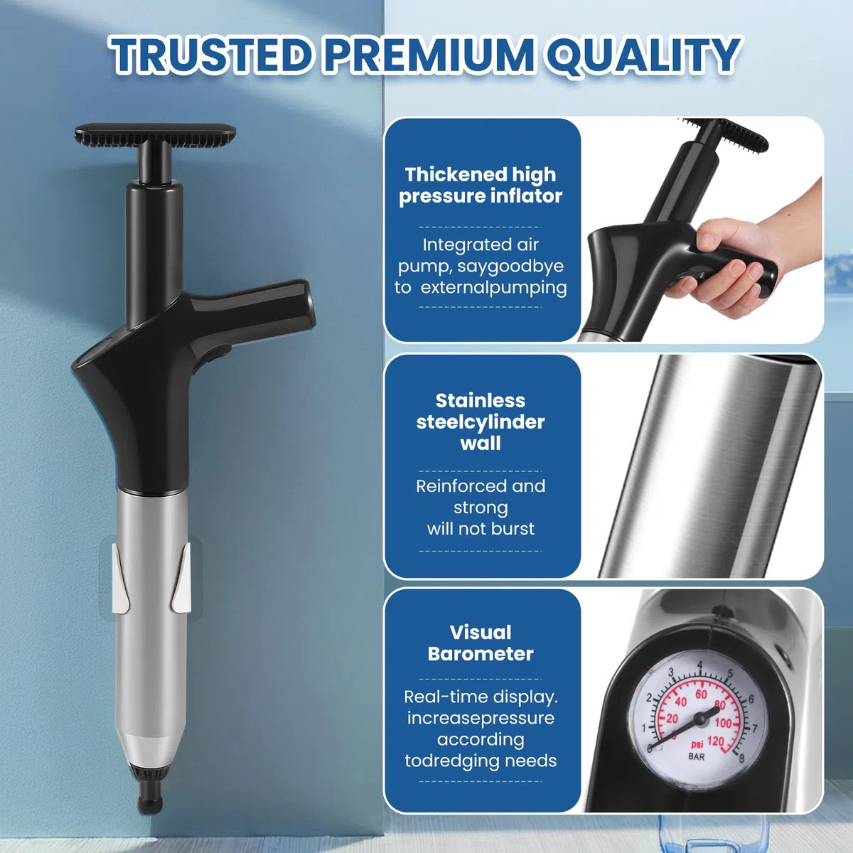 Stura WC, Sturalavandini a Pressione Pompa Stura Scarichi con Quattro Diverse Ventose Lavandini Sturalavandino Stura Water Stantuffo con Barometro per WC Cucina Lavello Bagno (Nero)