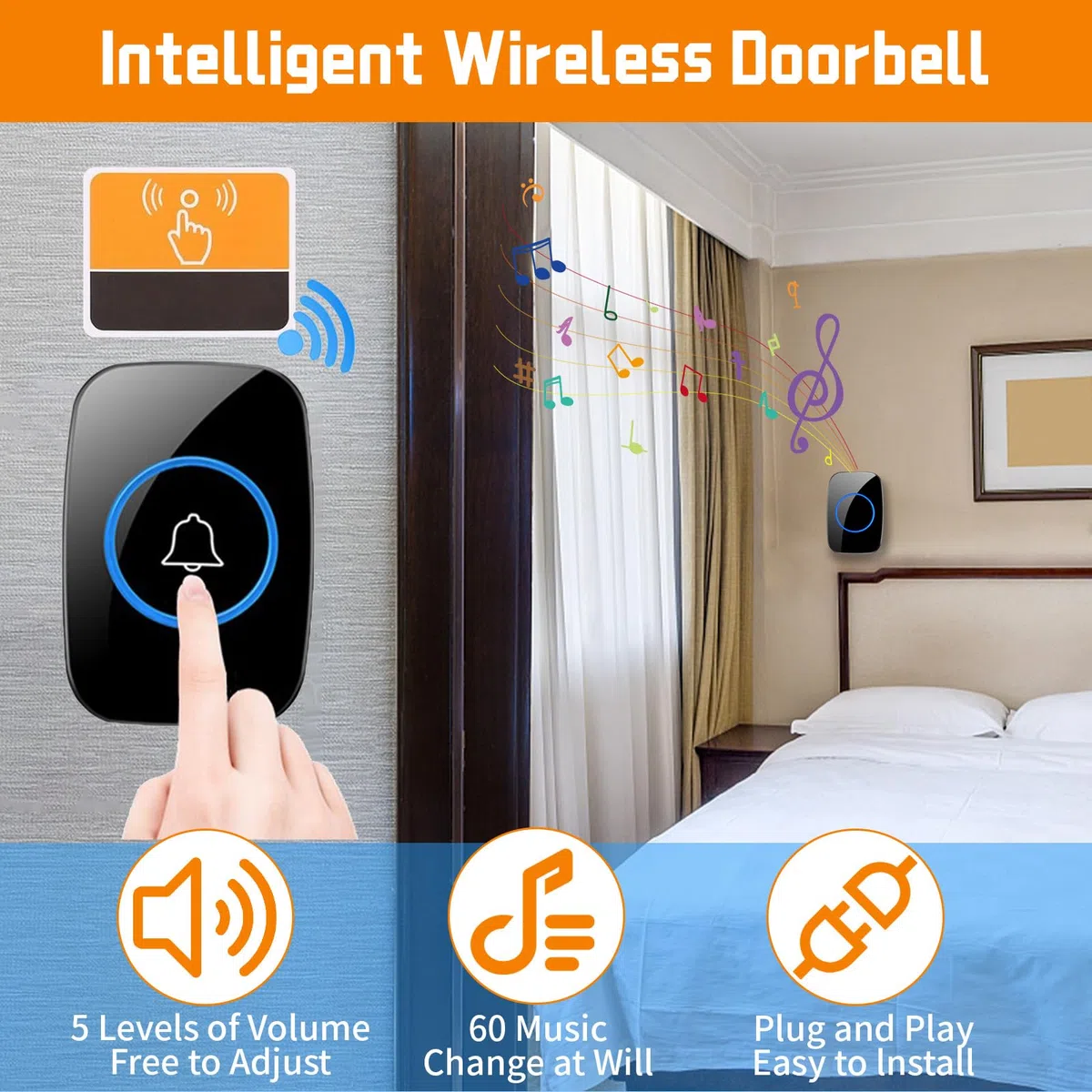 Campanello Senza Fili Impermeabile Esterno, Doorbell con Ricevitore Interno, Campanelli per Appartamenti, Case, Uffici, Campanello Wireless con 6 Volumi Regolabili, 60 Suonerie, Indicatori LED, Nero