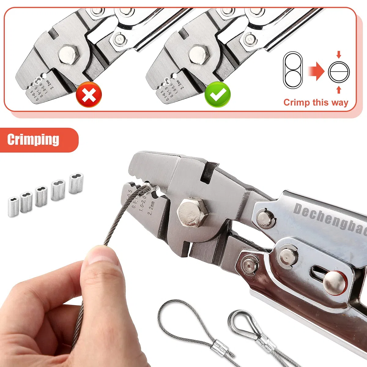 Pinza per crimpare lenze da pesca fino a 2,2 mm, in acciaio inox resistente