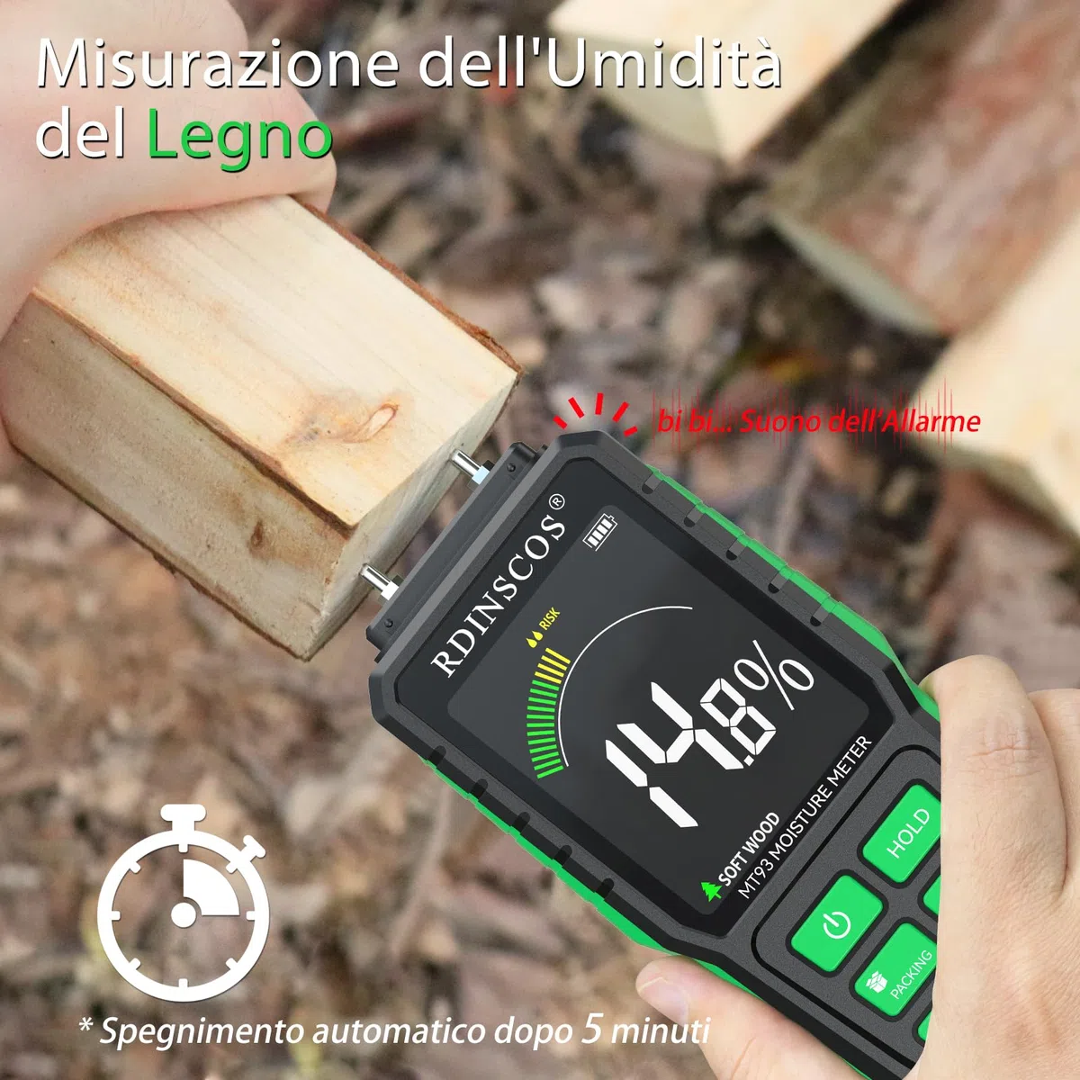 Misuratore di Umidità per Legno,RDINSCOS Rilevatori di Umidità con LCD a Colori e Allarme Acustico Igrometro Professionale Tester di Umidità per Legno,Legna da Ardere
