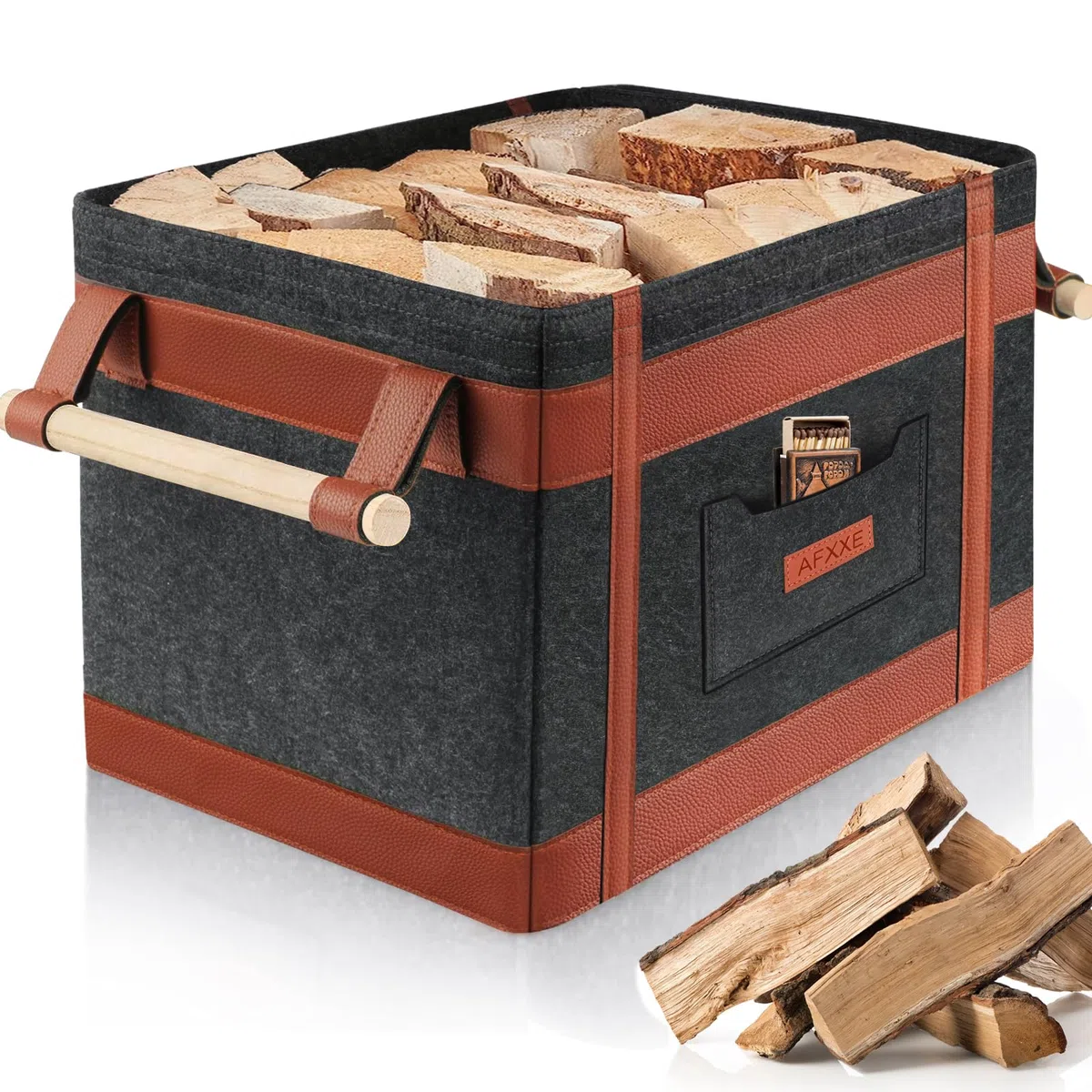 Cesta Per Legna da Interno, 42x32x31.5cm Grande Per Camino, Feltro Grigio Per Interni，Portalegna Moderno con Spallacci, Borsa Porta Legna Eleganti