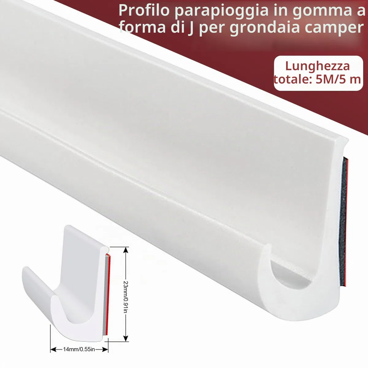 Grondaia J Shape, 23 mm, Autoadesiva in PVC, per auto, camion, camper, barca, furgoni, porte (bianco, 5 m)