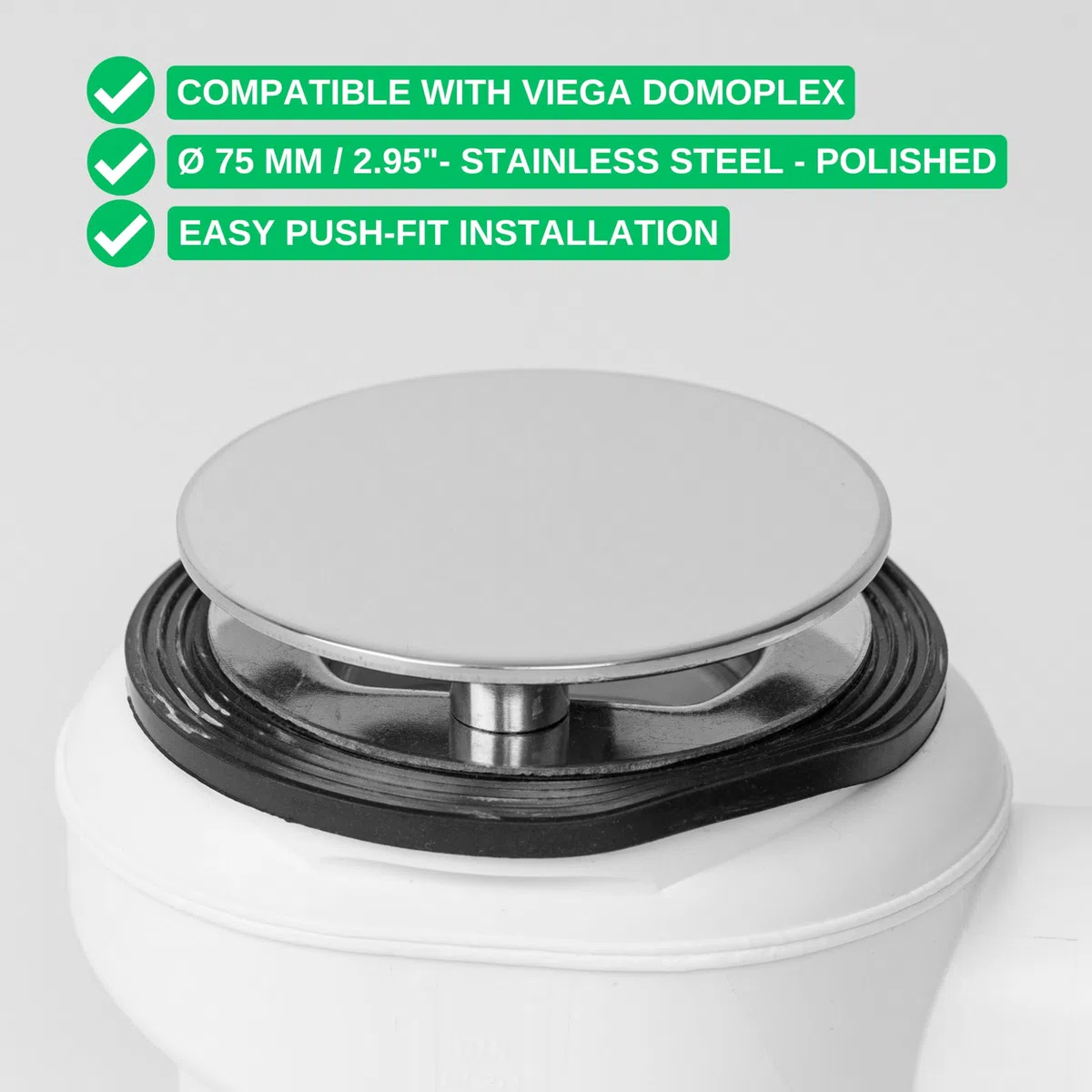 Coperchio in acciaio inox per scarico doccia, Ø 75 mm, compatibile con il set di scarico Viega Domoplex, sostituisce il modello 6930.0, per piatto doccia con foro di scarico Ø 52 mm, coperchio doccia