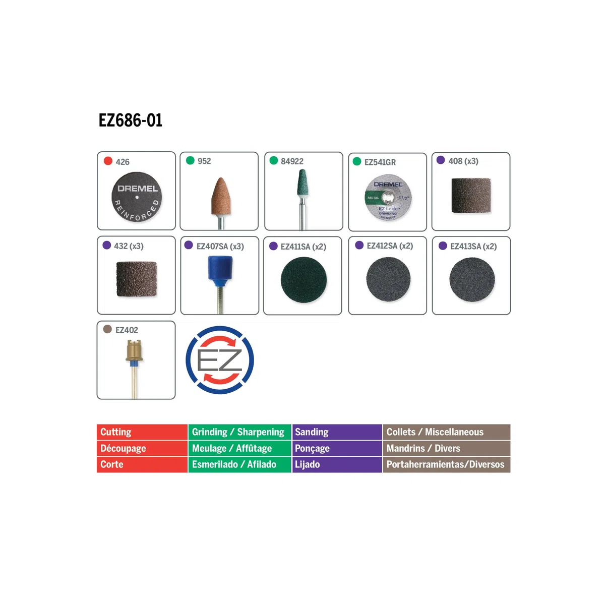 Dremel EZ686-01 EZ Lock - Kit di accessori per levigatura e smerigliatura, include dischi abrasivi/fasce e pietre abrasive, perfetto per levigatura e affilatura di dettagli