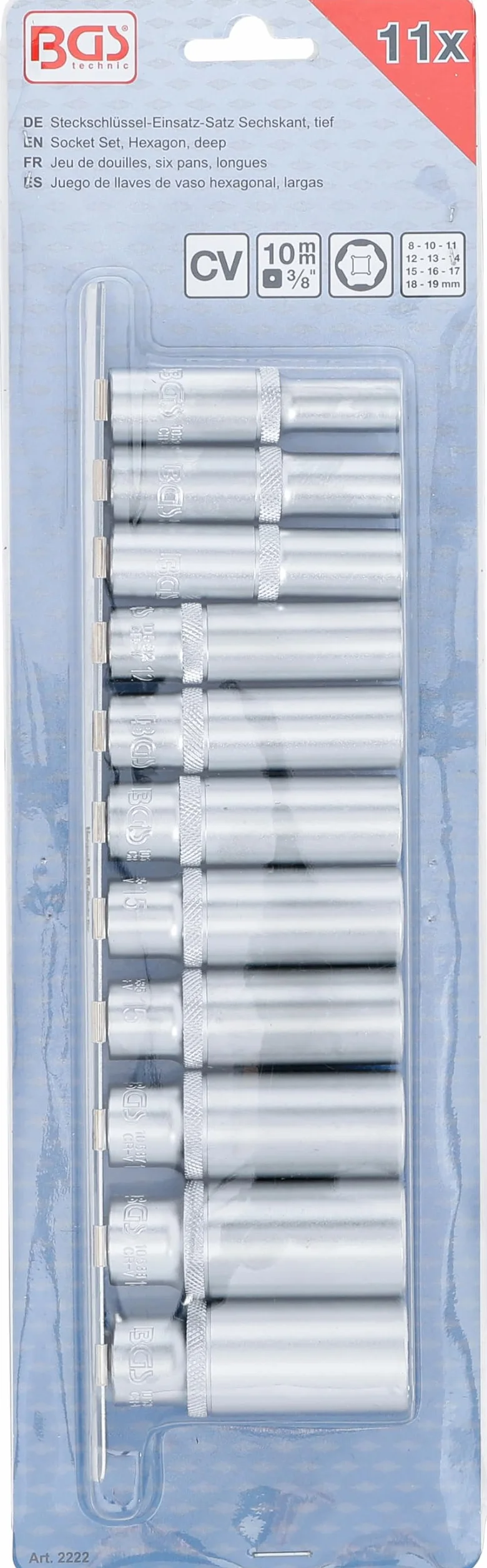 BGS 2222 | Serie di bussole esagonali, profonde | 10 mm (3/8") | 8 - 19 mm | 11 pz.