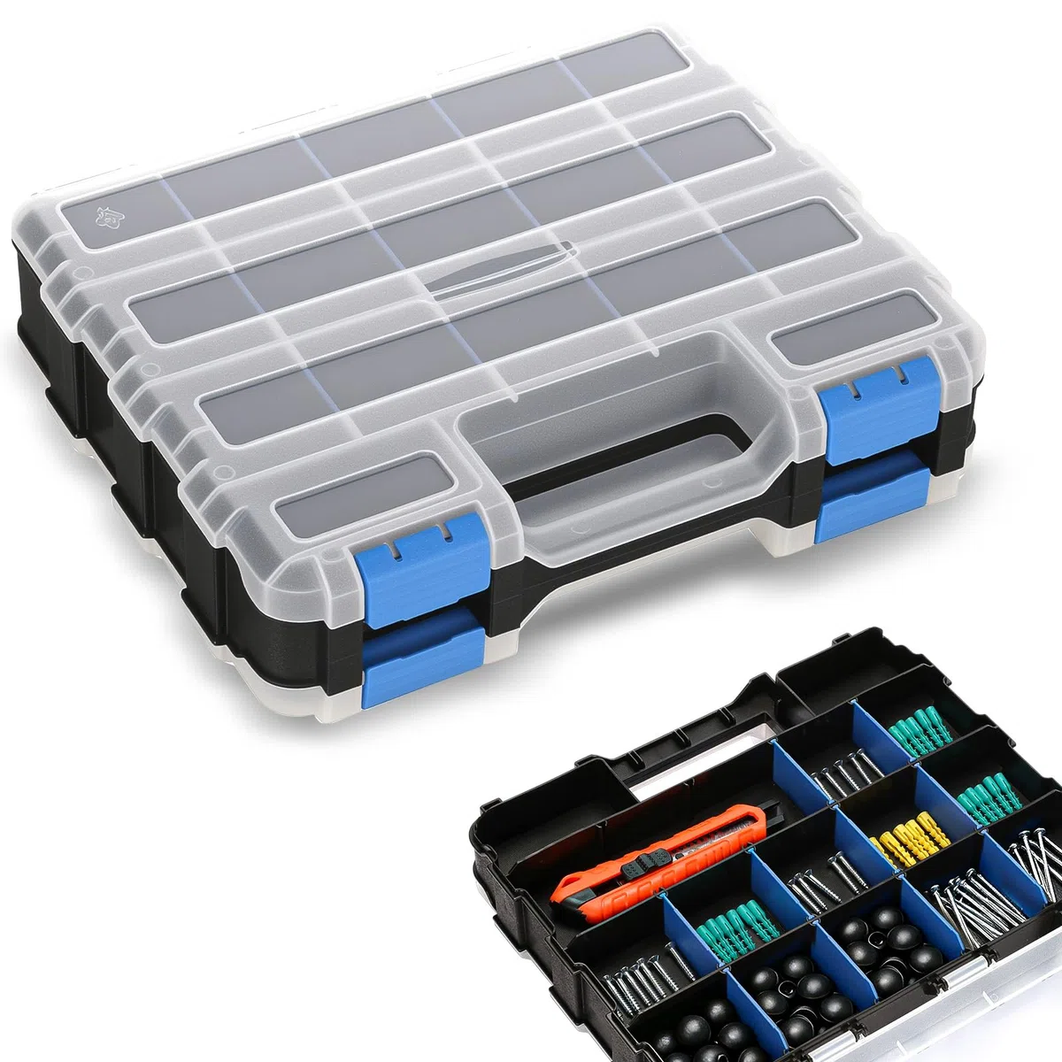 Romon Porta Minuteria Doppio Lato Con 24 Scompartimenti Regolabili, Chiusure Di Sicurezza, Materiale Pp Resistente, Colore Blu, 32x27x8cm Per Viti E Componenti