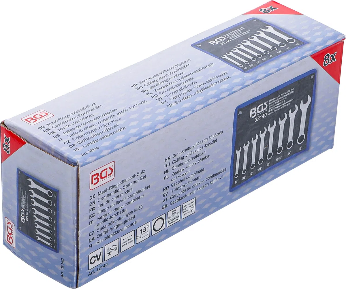 BGS 32140 | Serie di chiavi combinate anello-forchetta | extra corte | dimensioni in pollici | 3/8" - 7/8" | 8 pz.