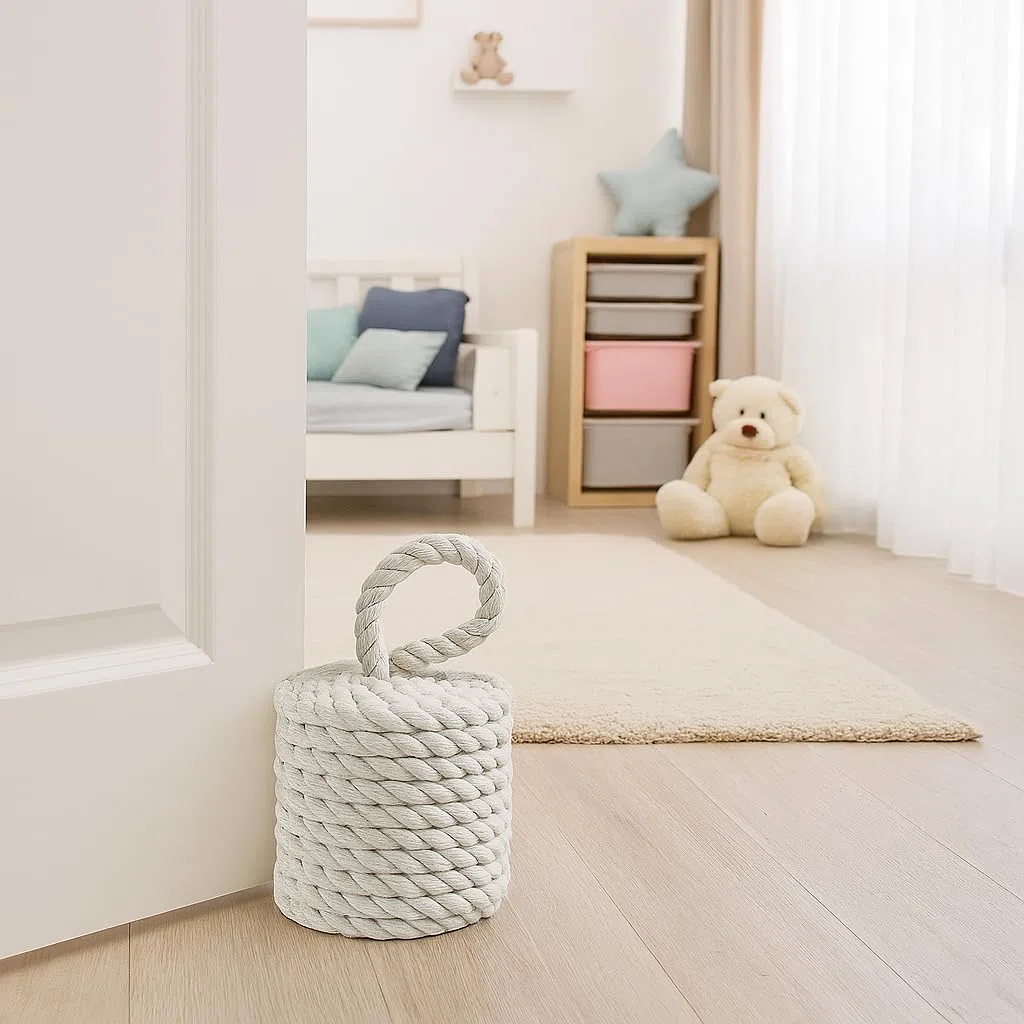 Ferma Porta in Corda Bianca 16x16x25 cm – Forma Cilindro, Fermaporte Decorativo Stile Nautico, Robusto per Interni ed Esterni, Tessuto Elegante con Manico