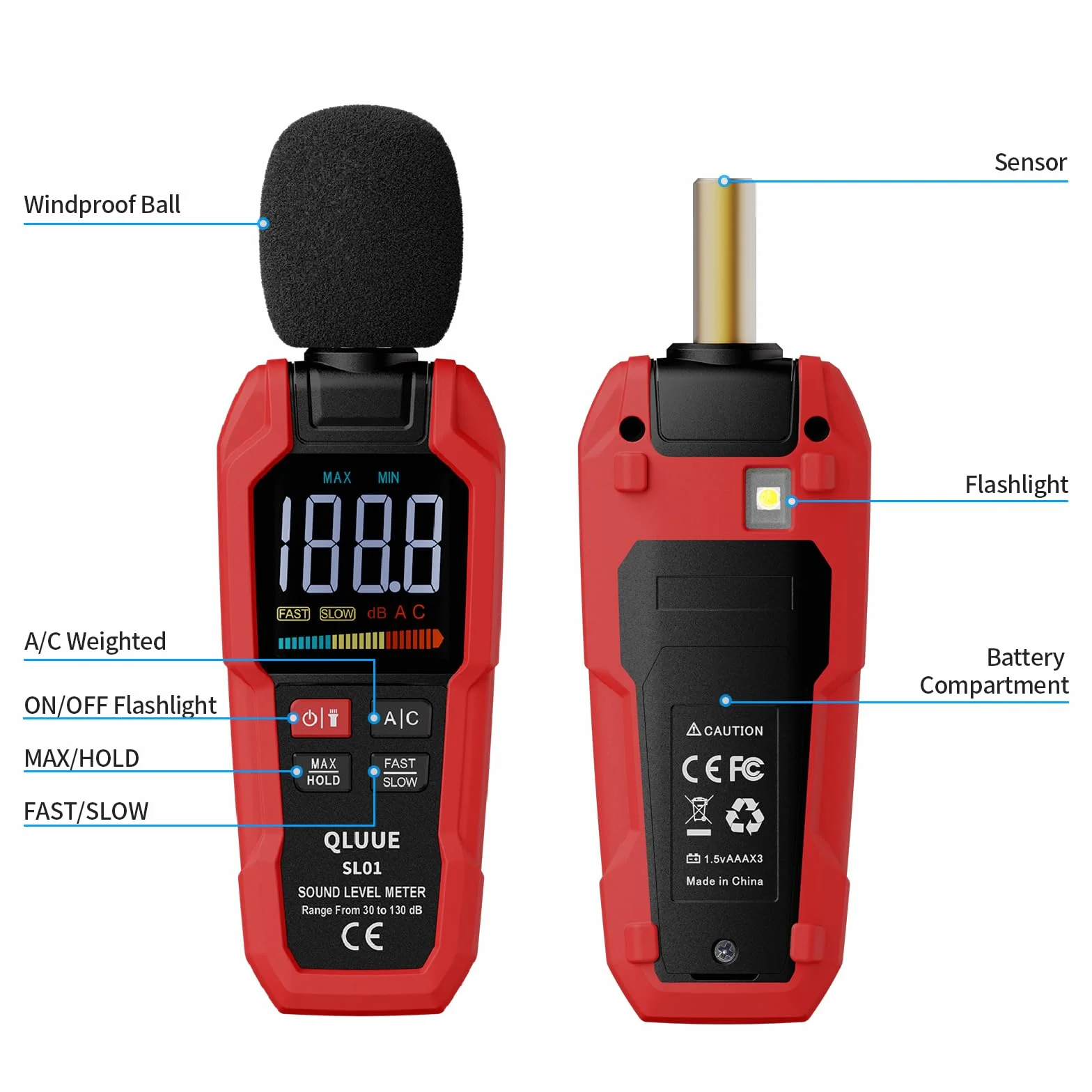Misuratore di livello sonoro, coltello decibel digitale portatile, da 30 dB a 130 dB, display LCD ponderato A/C, può essere utilizzato a casa, in fabbrica e su strada