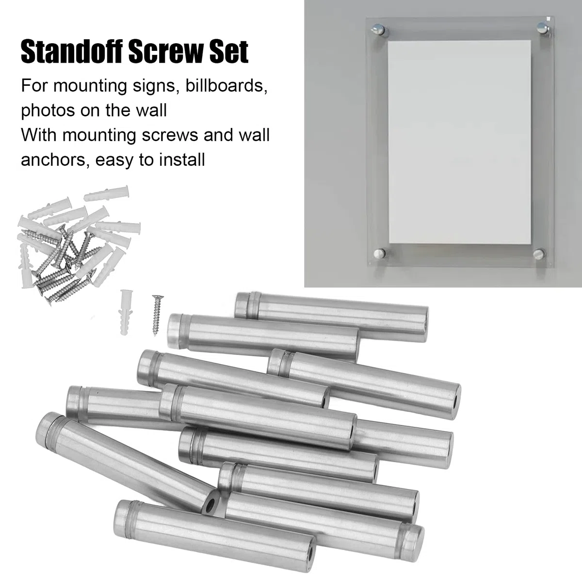 Buachois 12 Pezzi Chiodi a Vite Pubblicitari,12 x 60 mm Distanziatori per Vetro in Acciaio Inossidabile,Viti per Supporti per Cartelli,Vite Segno Pubblicità Chiodi Hardware Supporti Viti