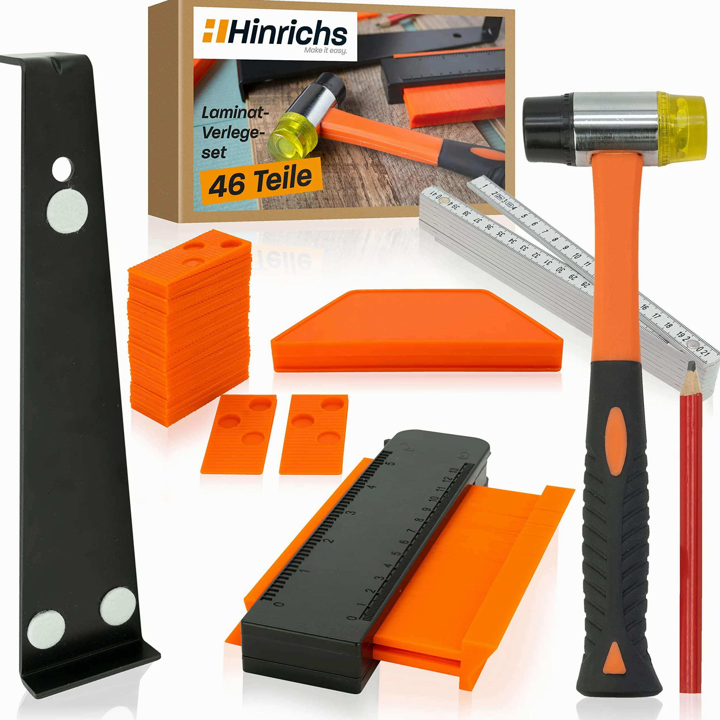 Hinrichs Set per la Posa di Laminati - Set Completo da 46 Pezzi - Attrezzi per la Posa di Pavimenti - Parquet, Pavimenti in Vinile, Pavimenti in Laminato - Accessori per la Posa di Pavimenti