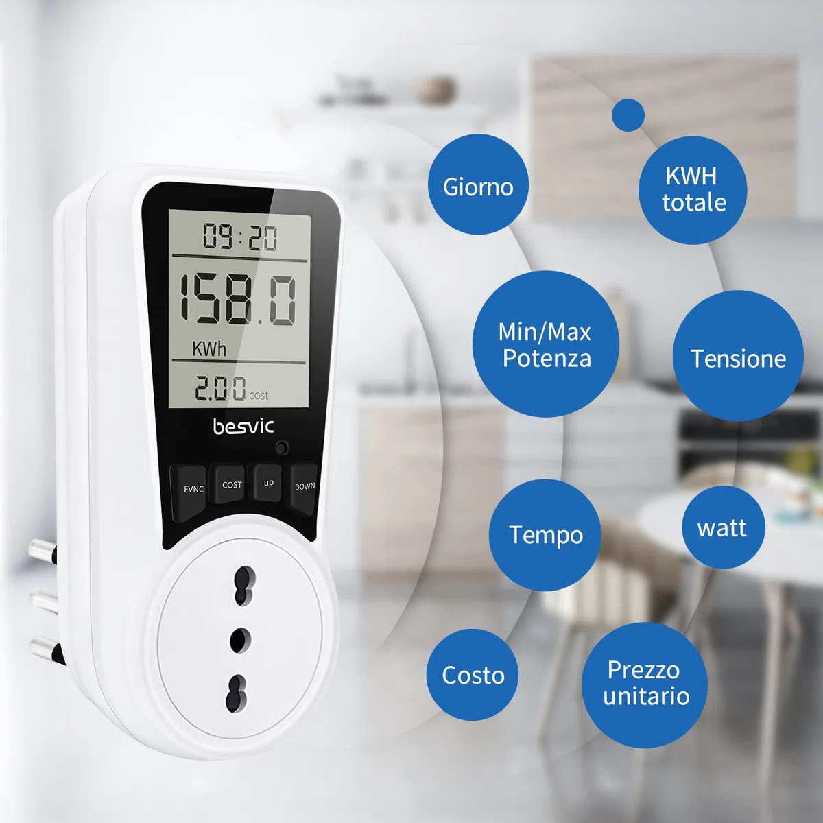 Misuratore Consumo Elettrico, 3680W Misuratore di Potenza Contatore del Consumo di Corrente, Spina Italiana con Schermo LCD, 7 Modalità di Monitoraggio, Protezione da Sovraccarico【1 Pezzo】