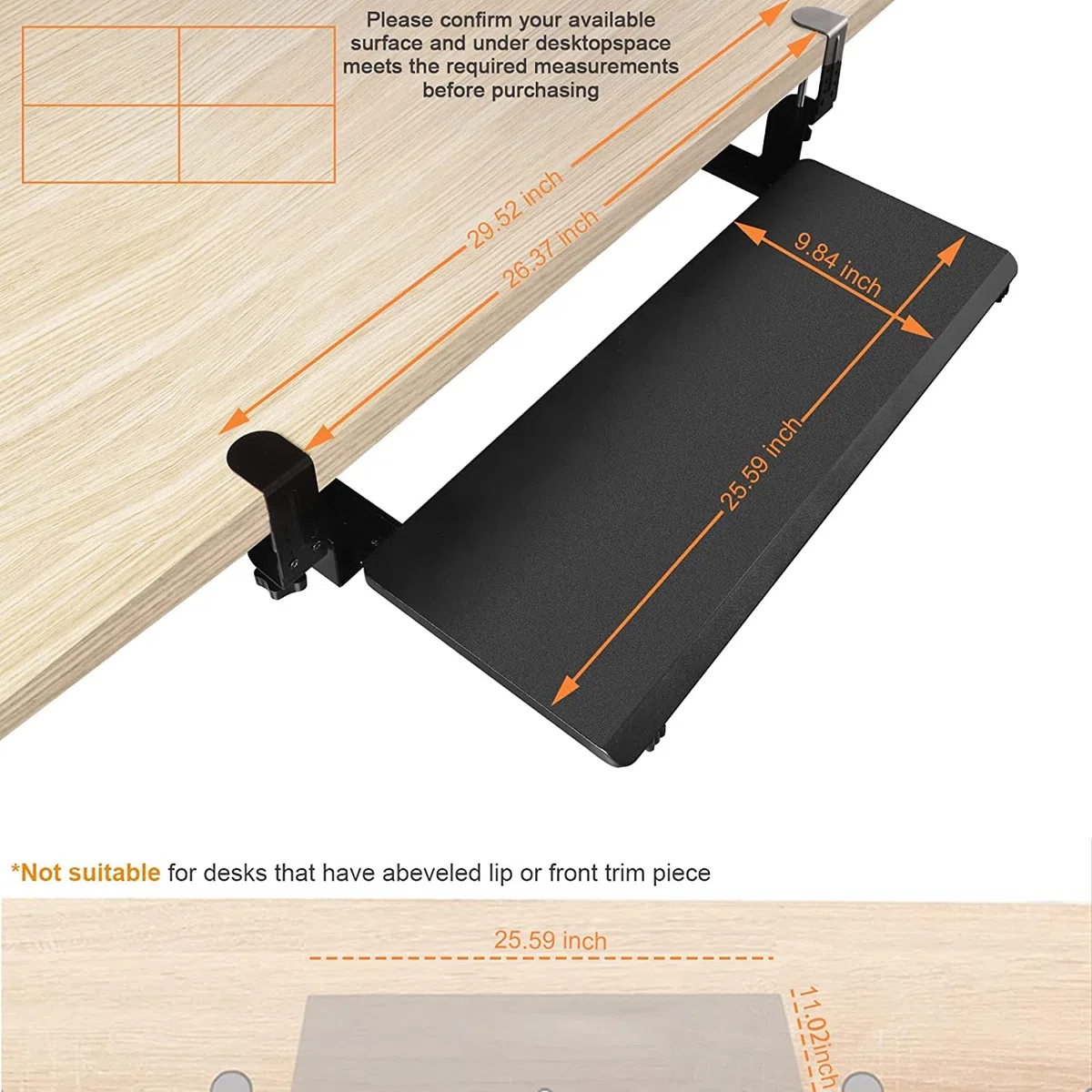 Bandeja para teclado con abrazadera ergonómica deslizante para teclado y ratón para debajo del escritorio cajón retráctil fácil de montar sin necesidad de herramientas o tornillos (carbón ne