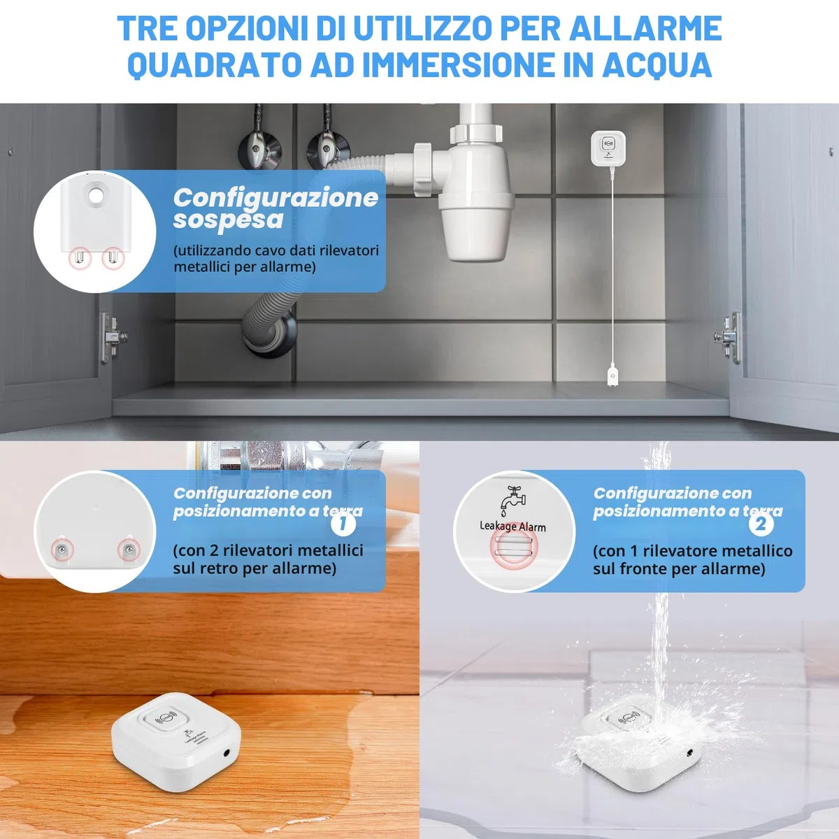 Sensore Livello Acqua WIFI, Rilevatore Perdite Acqua Tubi con Cavo Sonda Esteso e Staccabile da 105 cm, Rilevatori di Acquada 100 dB con App Tuya, 3 Tipi di Rilevamento per Casa, Cucina, Bagno (2,4G)