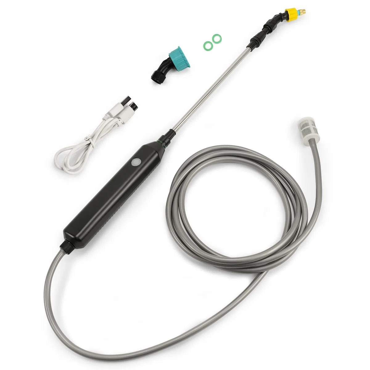 Pompa Irroratrice a Batteria 5V/2400mAh, Spruzzatore a Pressione Elettrico, Nebulizzatore Piante con 3 Ugelli e Tubi da 5M, Spruzzino Nebulizzatore Acqua Retrattile per Irrigazione