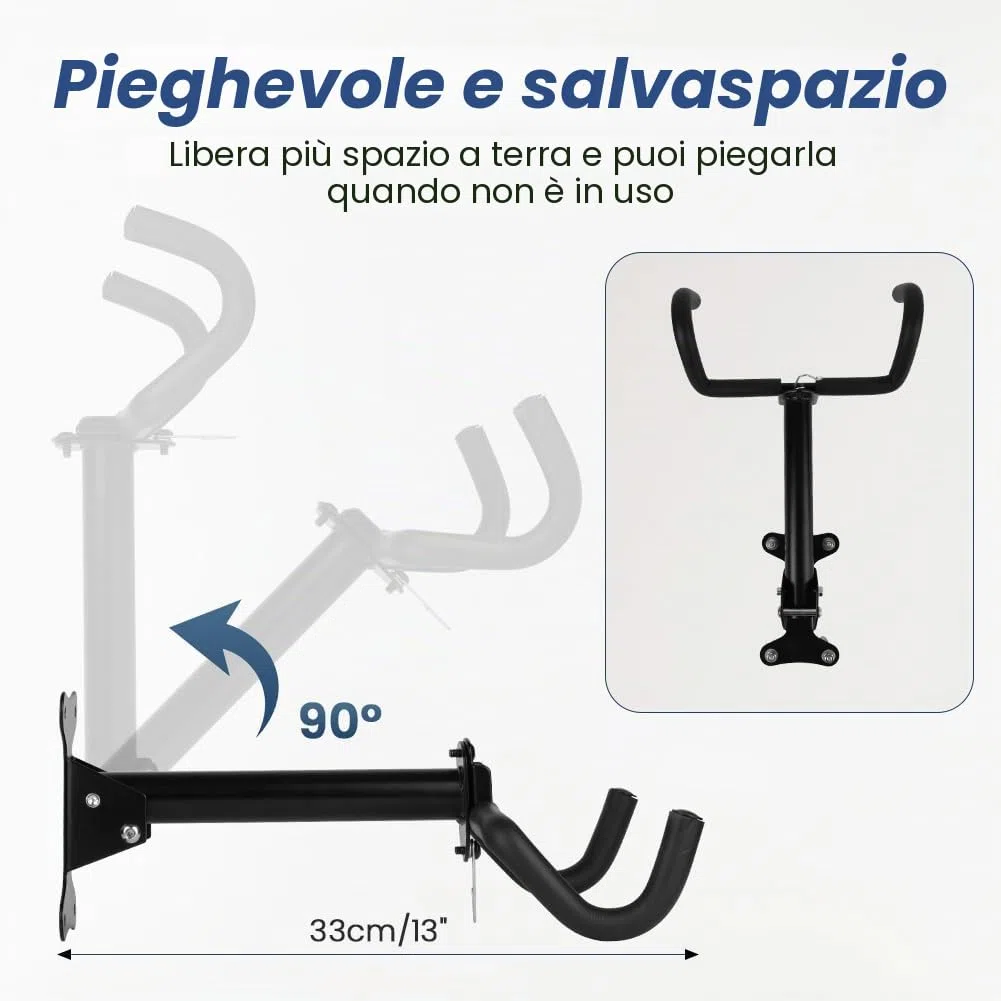Supporto da Parete per Bicicletta, Supporto Bici da Muro Pieghevole Angolo Regolabili, Appendi Bici da Muro con Imbottitura e Gancio per Casco per uso Interno e in Garage