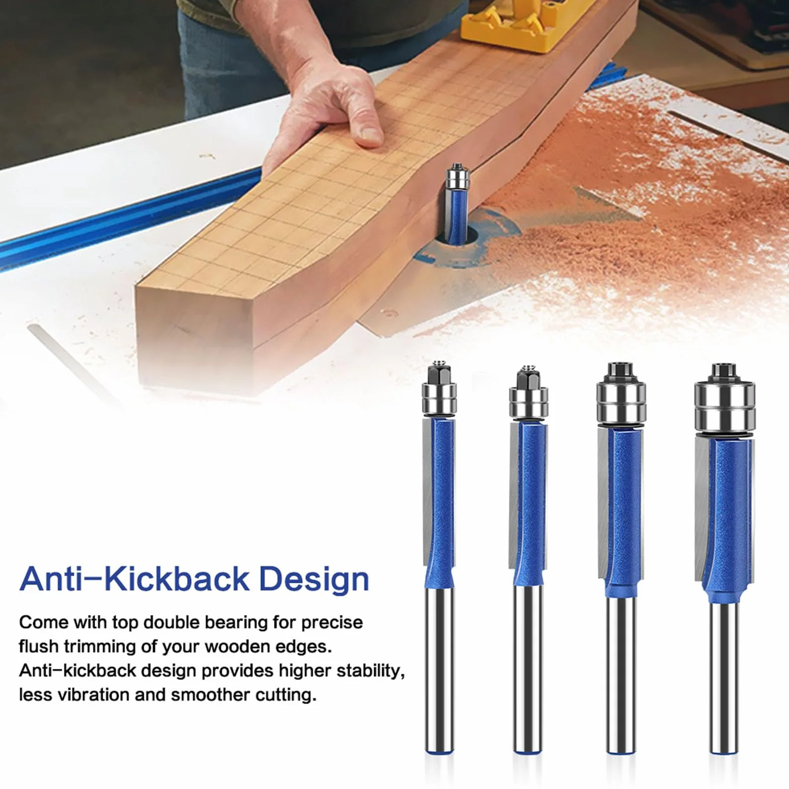 Set di Punte per Rifinitura a Filo, Doppio Cuscinetto, Gambo da 6 Mm, 4 Pezzi, Fresa Diritta, Strumento Professionale per la Lavorazione del Legno, con Scatola, per Carpenteria