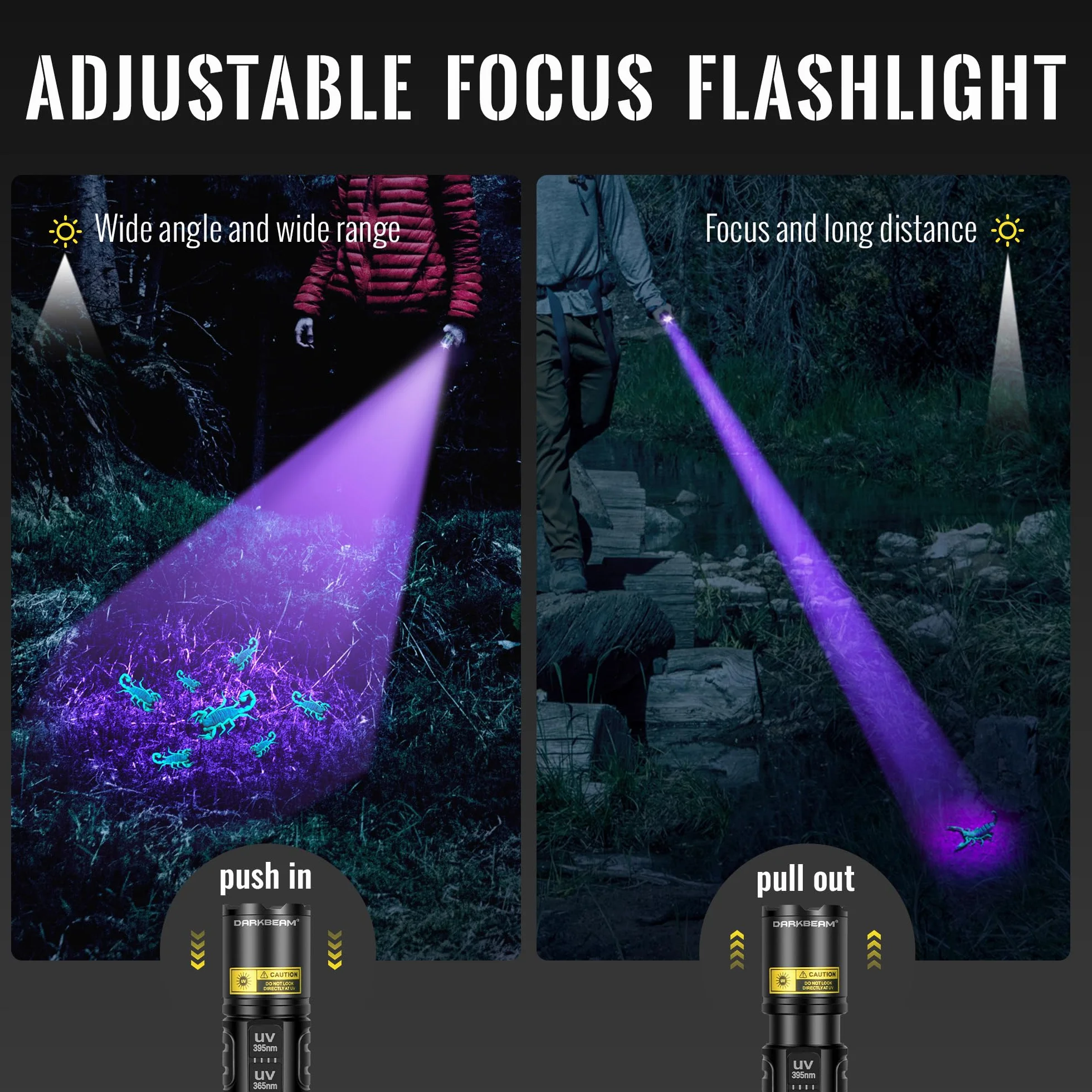 DARKBEAM Torcia UV 365nm & 395nm Doppia Luce Nera, LED Potente Lampada di wood Ricaricabile USB Torce Ultraviolette Rilevatore di urina per gatto/cane, per minerali, vetro uranio, ambra, resina