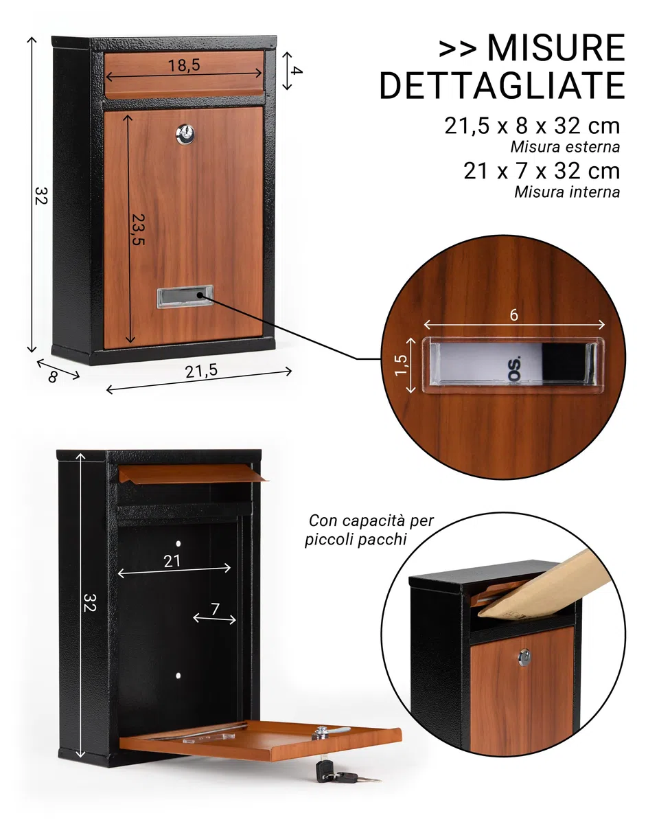 Cassetta delle lettere piccola personalizzata con numero civico | acciaio zincato effetto legno vintage, resistente alle intemperie e sicura
